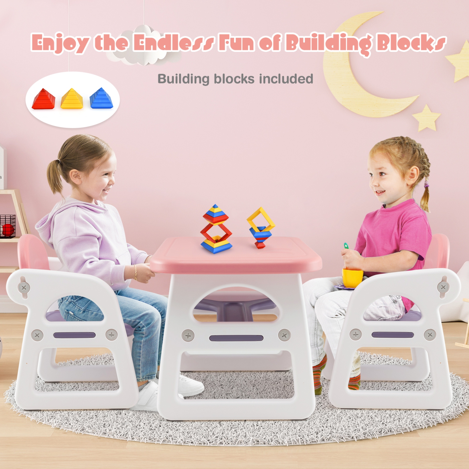 Costway 3-Piece Kids Table and Chair Set Toddler Activity Study Desk with Building Blocks