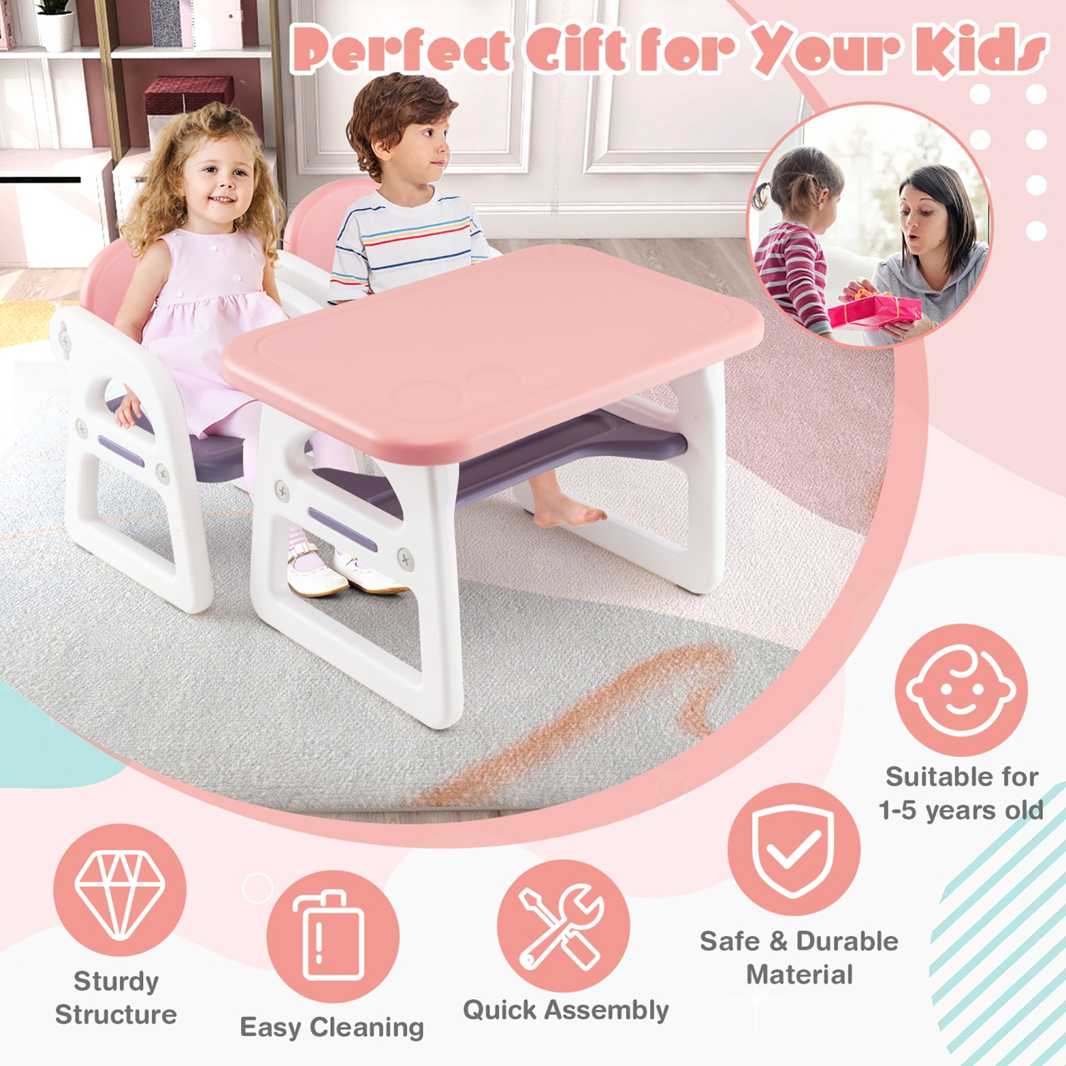Costway 3-Piece Kids Table and Chair Set Toddler Activity Study Desk with Building Blocks