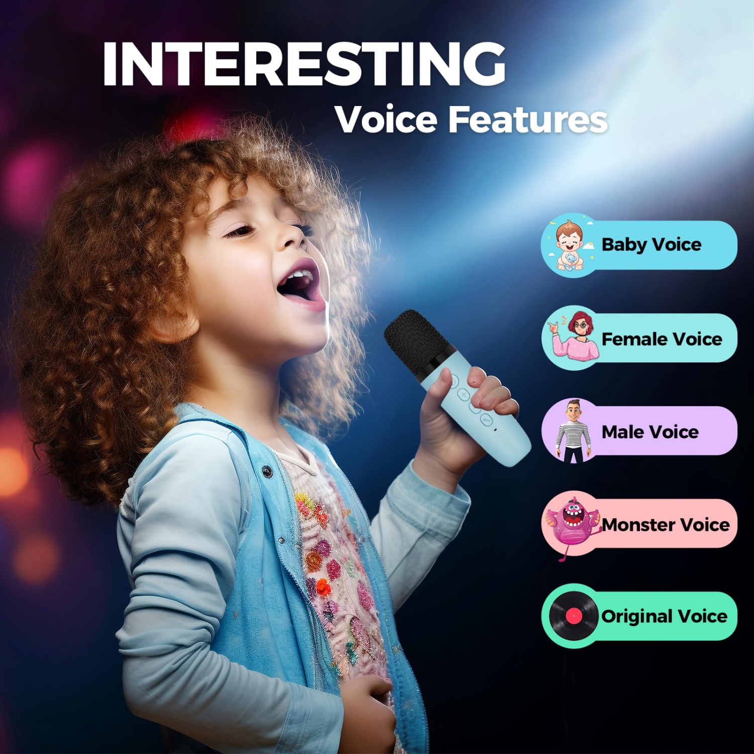 Machine à karaoké pour enfants, mini haut-parleur portatif Bluetooth karaoké avec 2 microphones sans fil et lumières colorées pour enfants adultes,