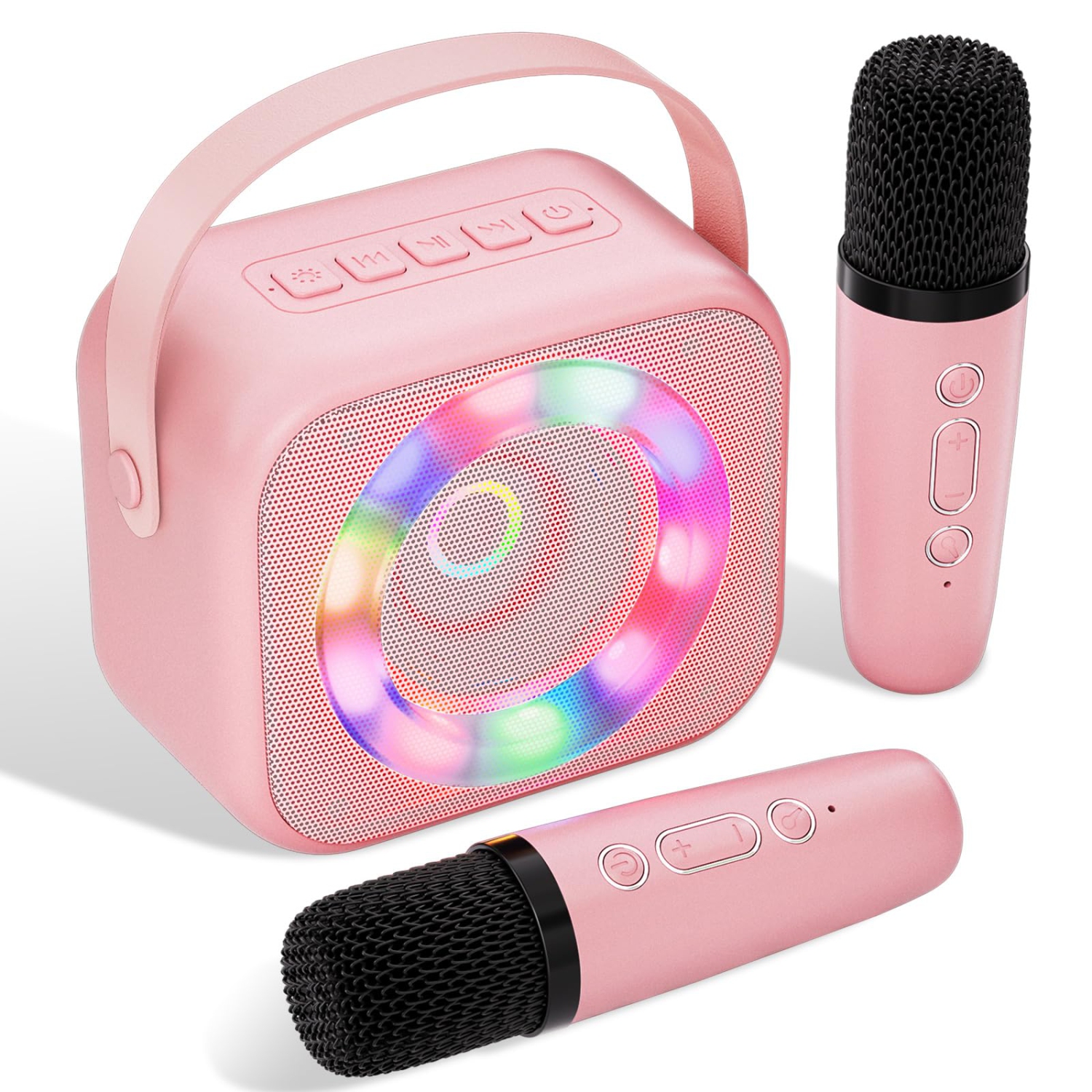 Machine à karaoké pour enfants, mini haut-parleur portatif Bluetooth karaoké avec 2 microphones sans fil et lumières colorées pour enfants adultes,