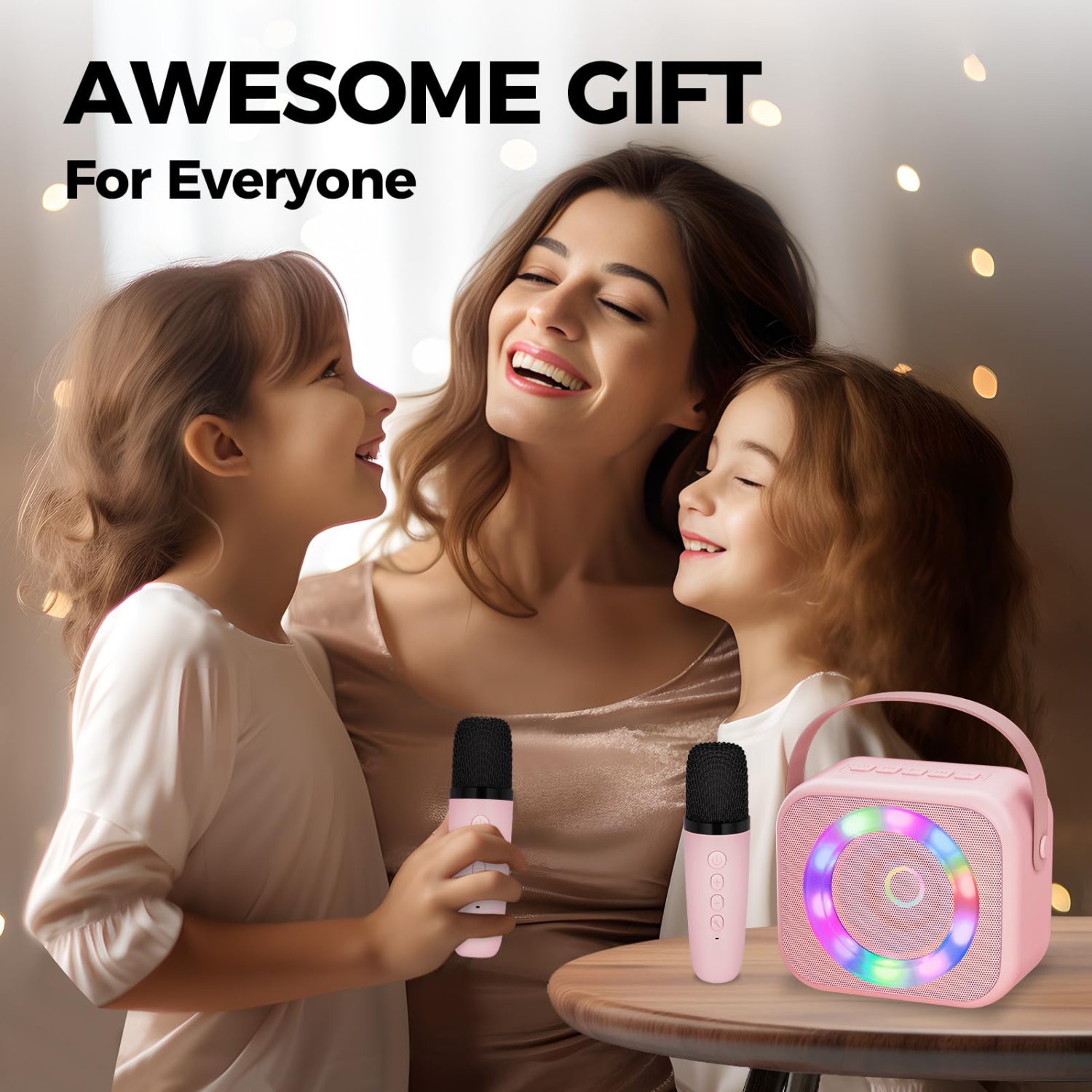Machine à karaoké pour enfants, mini haut-parleur portatif Bluetooth karaoké avec 2 microphones sans fil et lumières colorées pour enfants adultes,