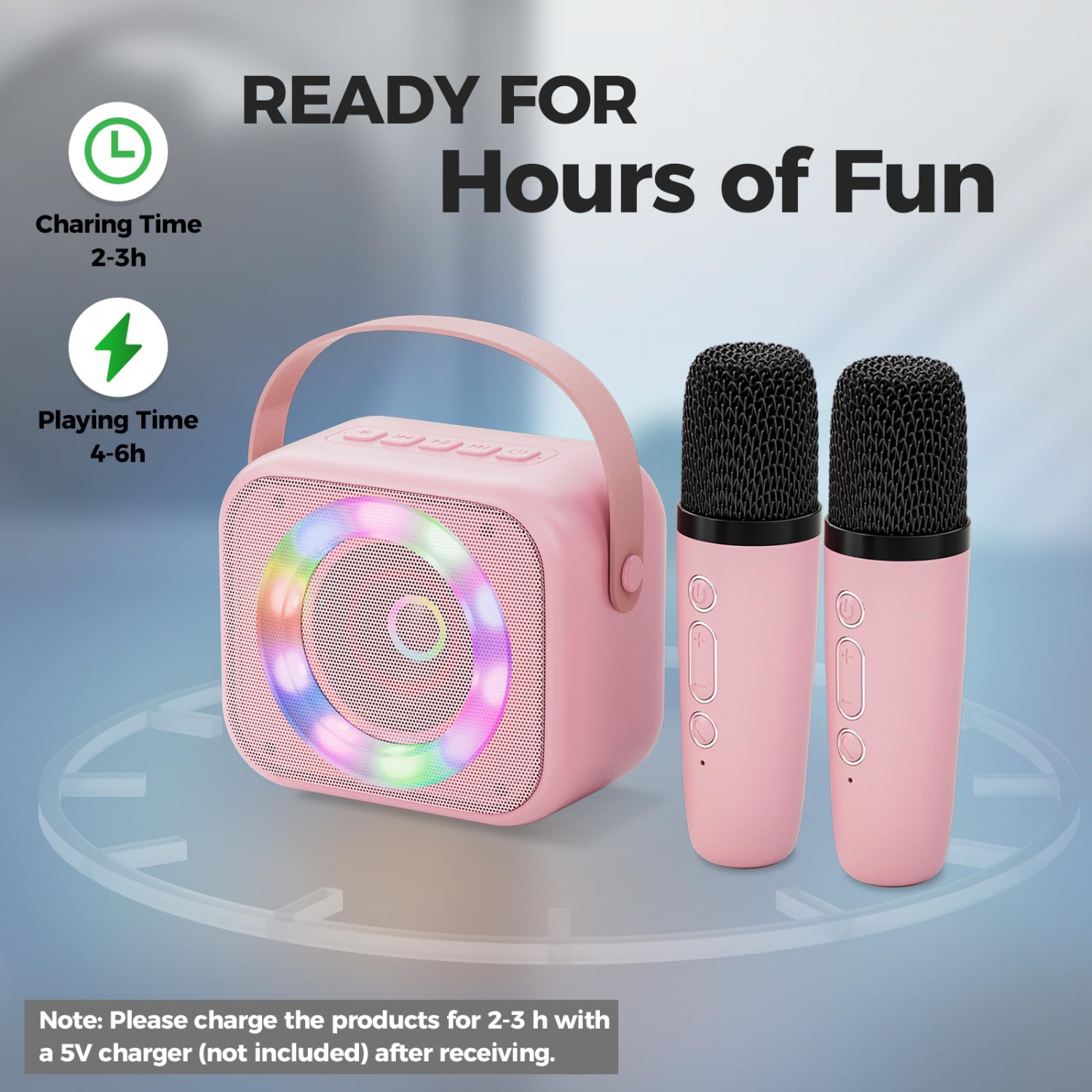Machine à karaoké pour enfants, mini haut-parleur portatif Bluetooth karaoké avec 2 microphones sans fil et lumières colorées pour enfants adultes,