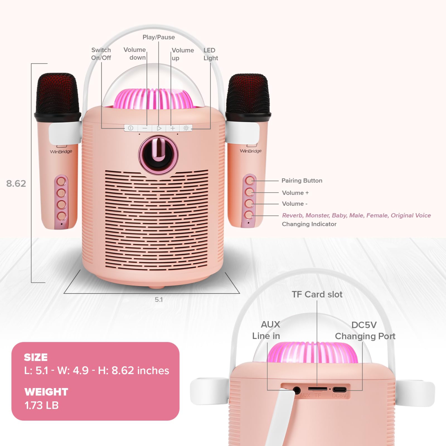 Karaoke Machine for Kids Adults,Portable Bluetooth Speaker with Two Wireless Microphone, Mini Karaoke Machine with High Battery 4000mAh, Karaoke Toys