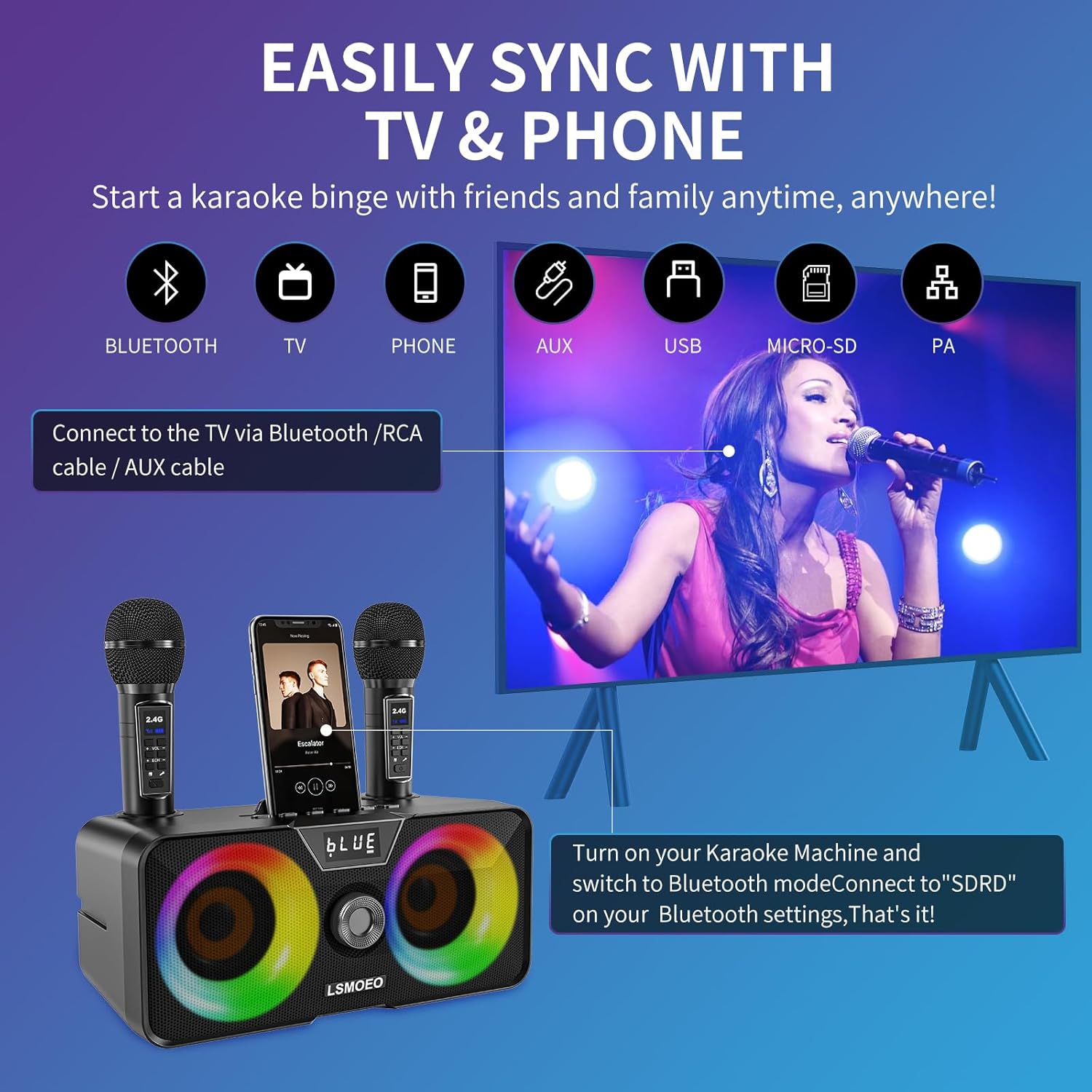 Portable Bluetooth Karaoke Machine with 2 Wireless Microphones, LED Disco Lights, PA Speaker System, USB/SD/AUX, Home Karaoke Set for Adults & Kids,