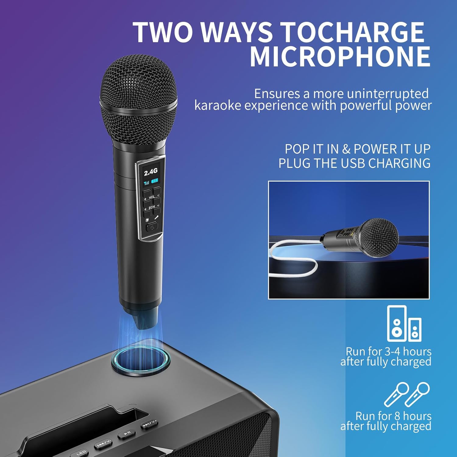 Portable Bluetooth Karaoke Machine with 2 Wireless Microphones, LED Disco Lights, PA Speaker System, USB/SD/AUX, Home Karaoke Set for Adults & Kids,