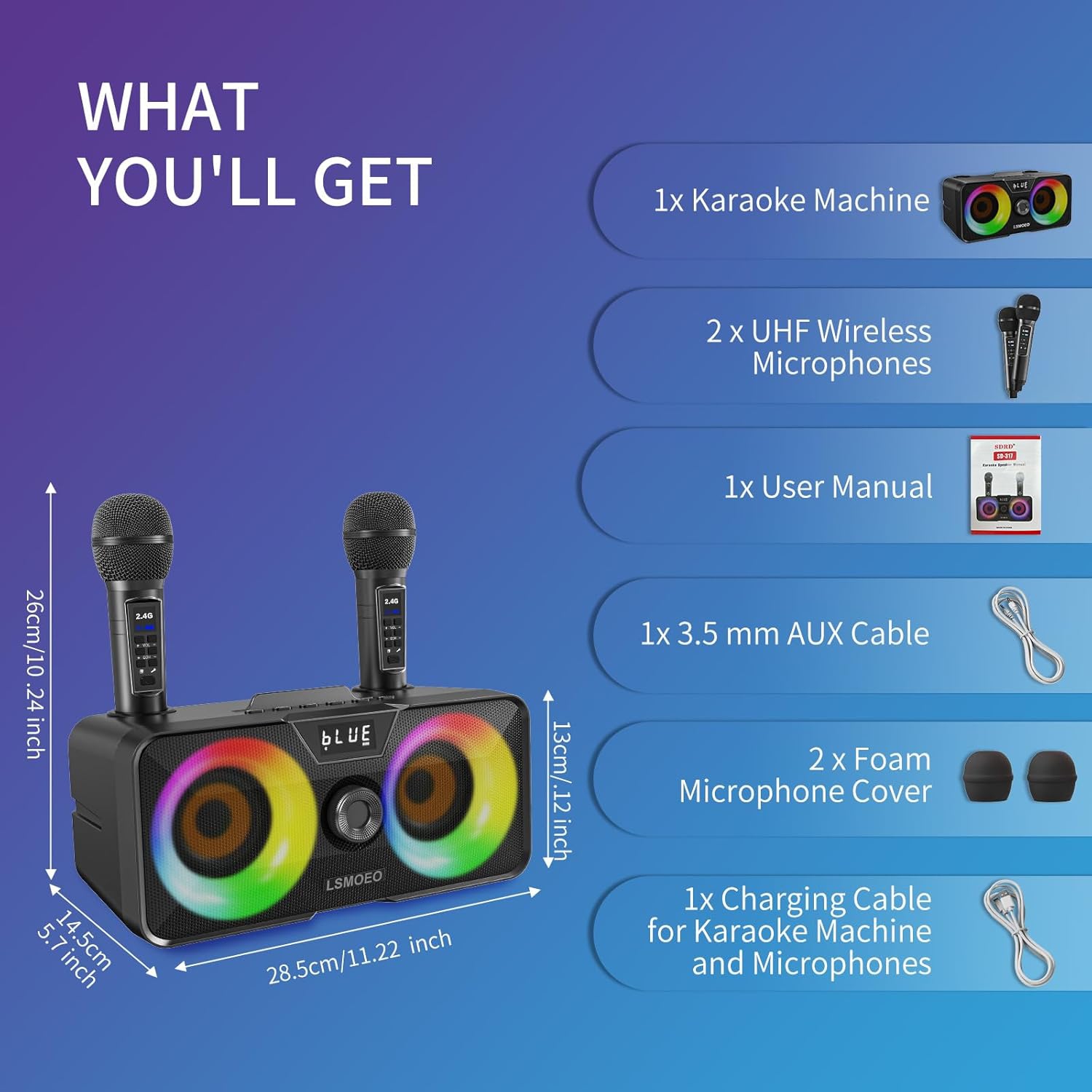 Portable Bluetooth Karaoke Machine with 2 Wireless Microphones, LED Disco Lights, PA Speaker System, USB/SD/AUX, Home Karaoke Set for Adults & Kids,