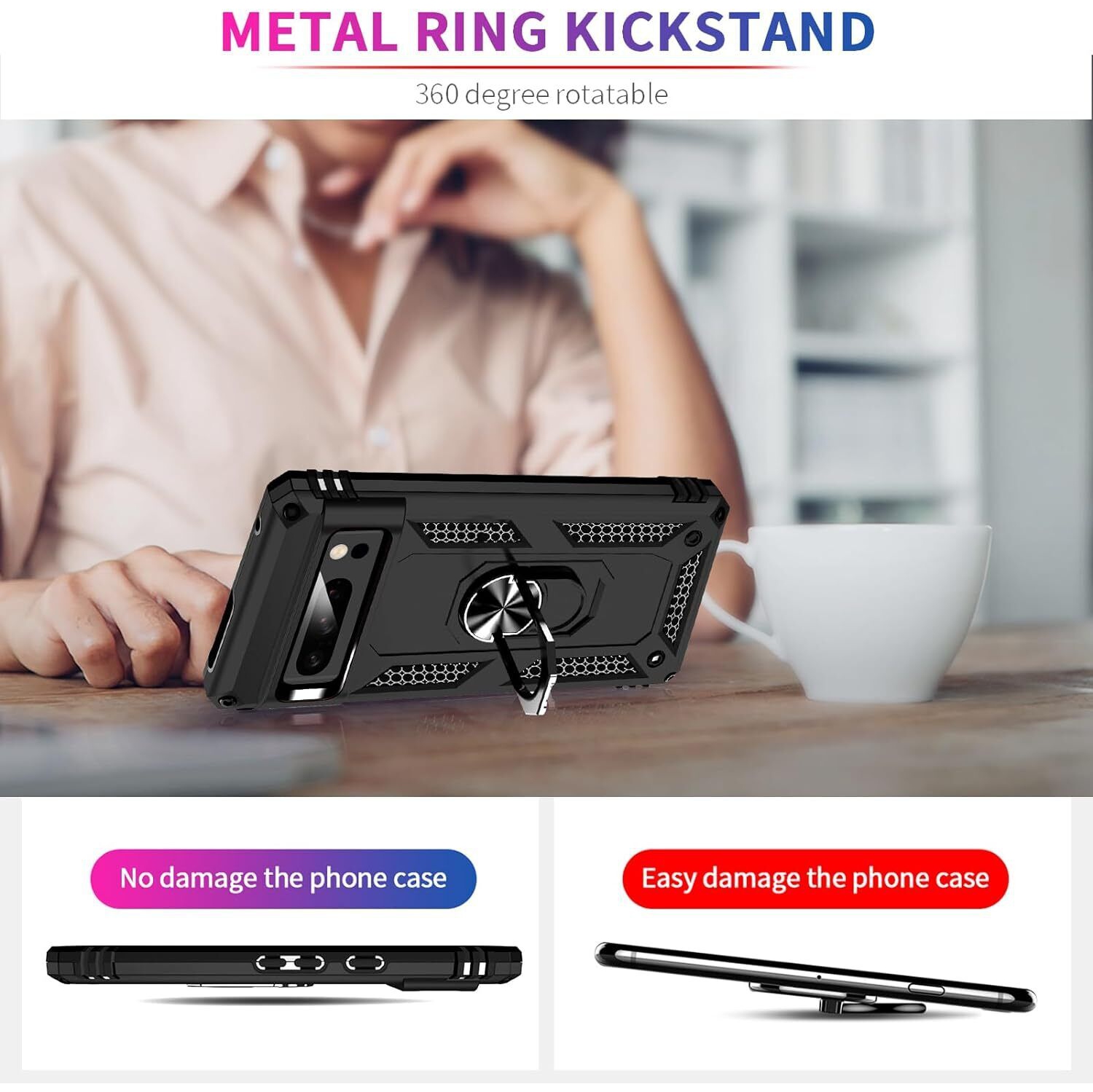 [CS] Anti-Drop Hybrid Magnetic Hard Armor Case with Ring Holder for Google Pixel 8A, Rose Gold