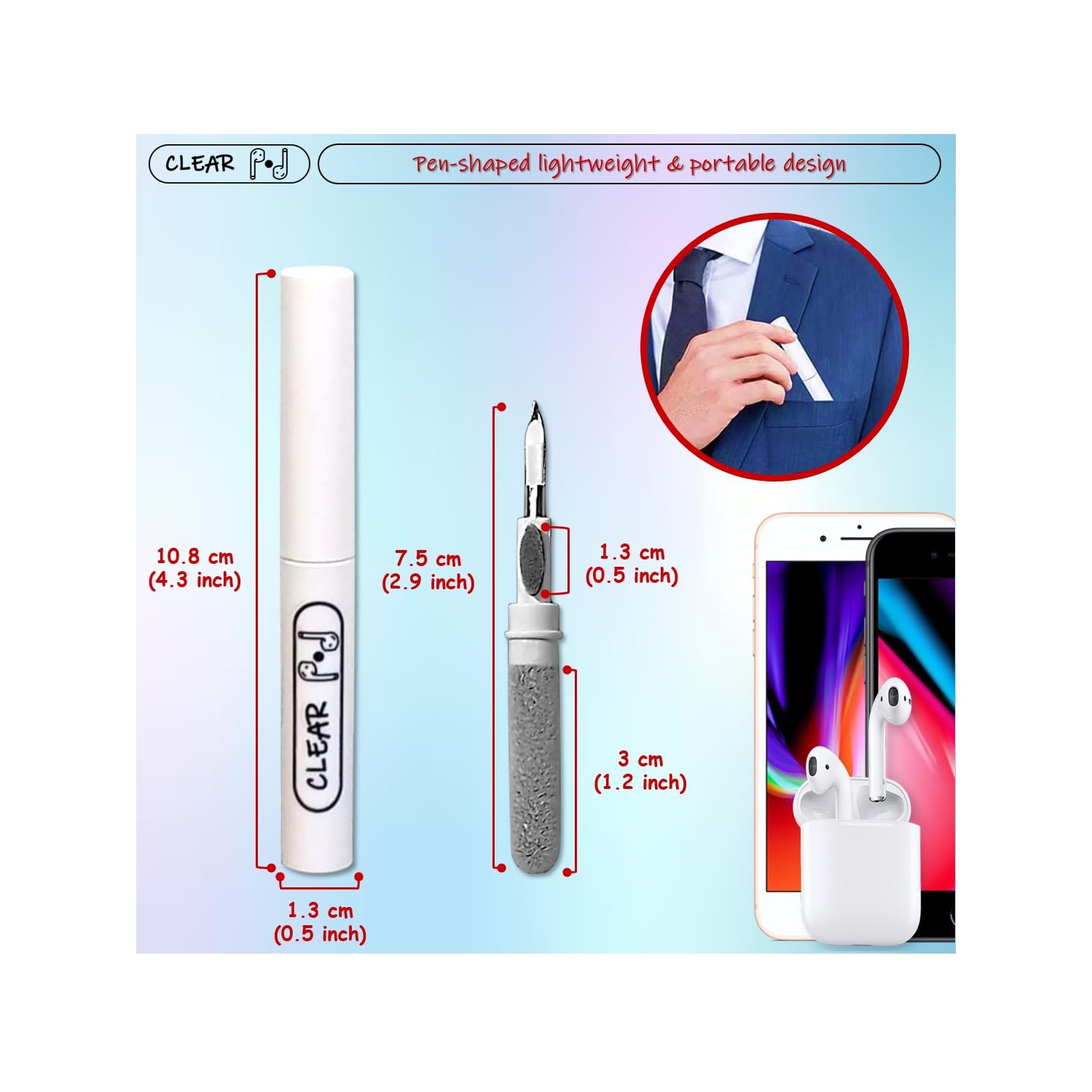Clear Pod Cleaner Kit for Airpods Pro 1 2 3, Samsung Android Earbuds, Multifunctional Cleaning Pen with Soft Brush, Flocking Sponge for Headphones,