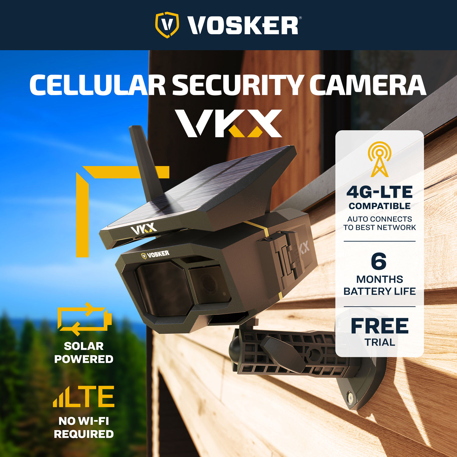 Caméra de surveillance IP d'extérieur HD intégrale 1080p 4G-LTE hors réseau solaire VKX de Vosker - Noir