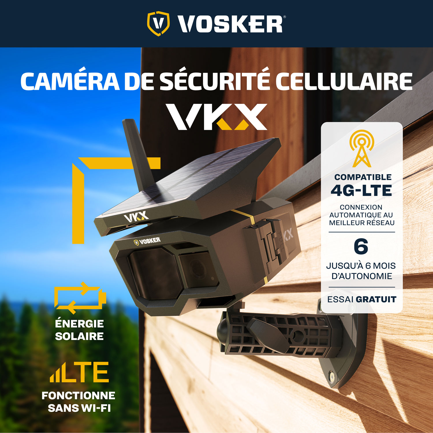 Caméra de surveillance IP d'extérieur HD intégrale 1080p 4G-LTE hors réseau solaire VKX de Vosker - Noir