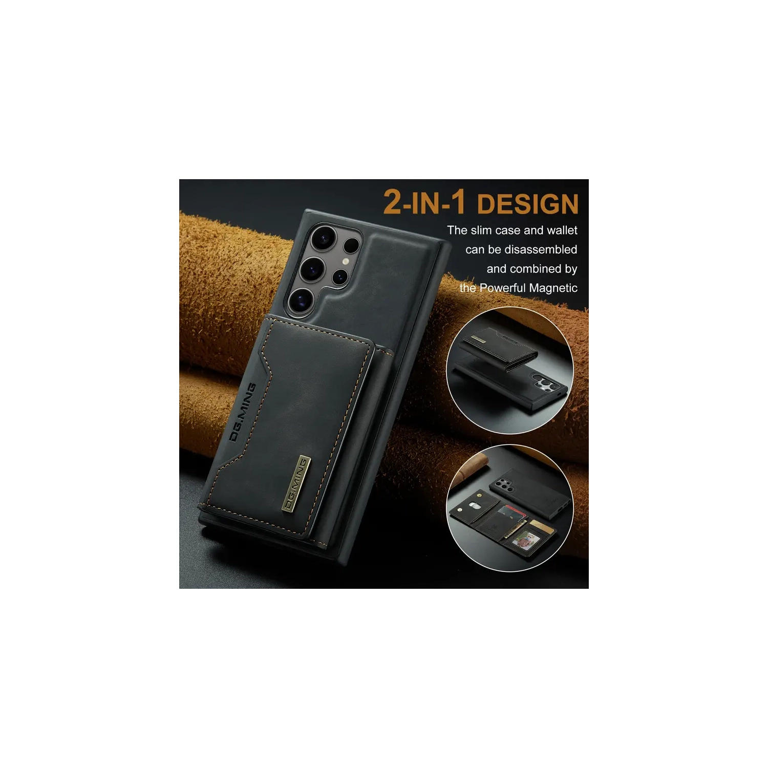 Samsung Galaxy S24 Ultra Wallet Case: Detachable Magnetic Card Holder, Faux Leather Kickstand, Shockproof Cover | Black