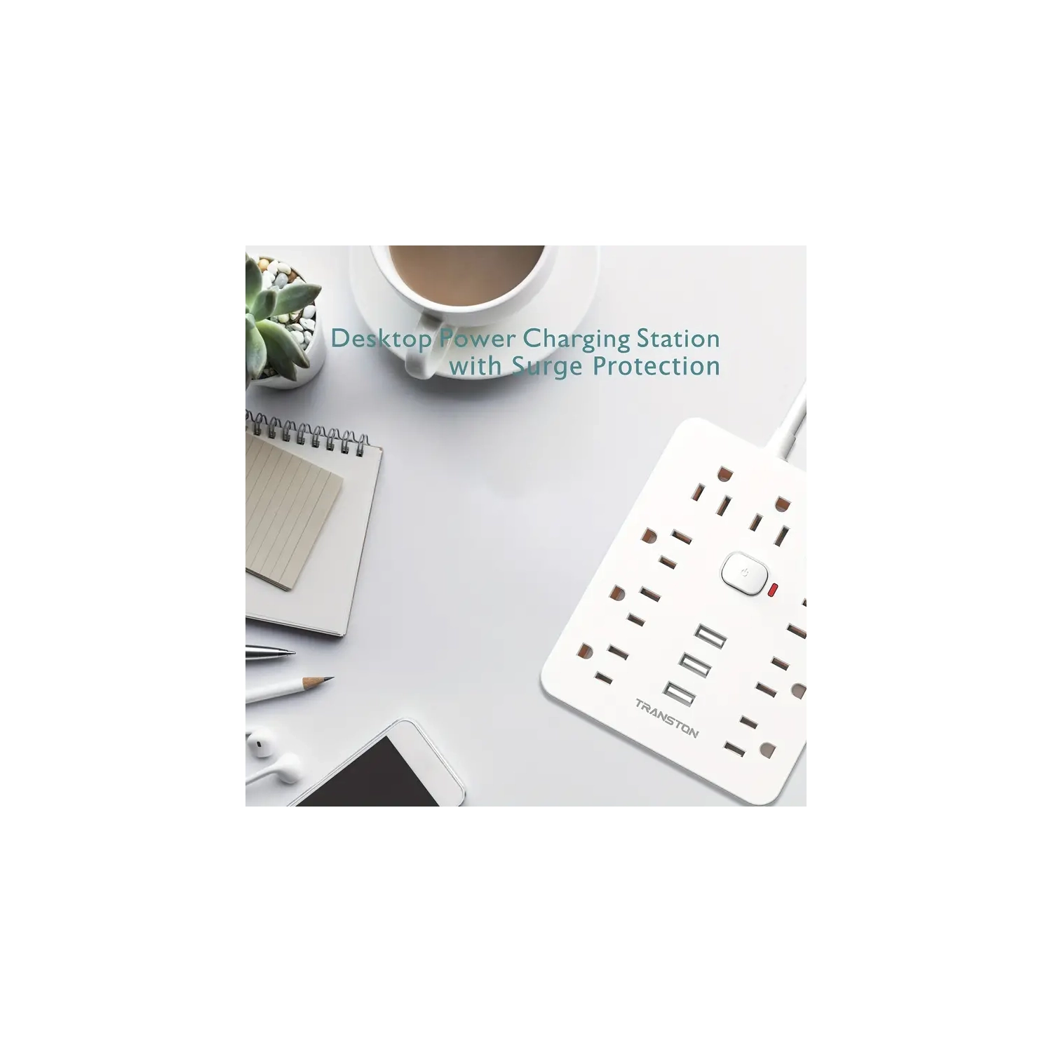 Fireproof Desktop Charging Station Surge Protector with 9 Sockets, 3 USB Ports, Flat Plug, Wall-Mounted 5ft Extension Cord – White, Perfect for Home