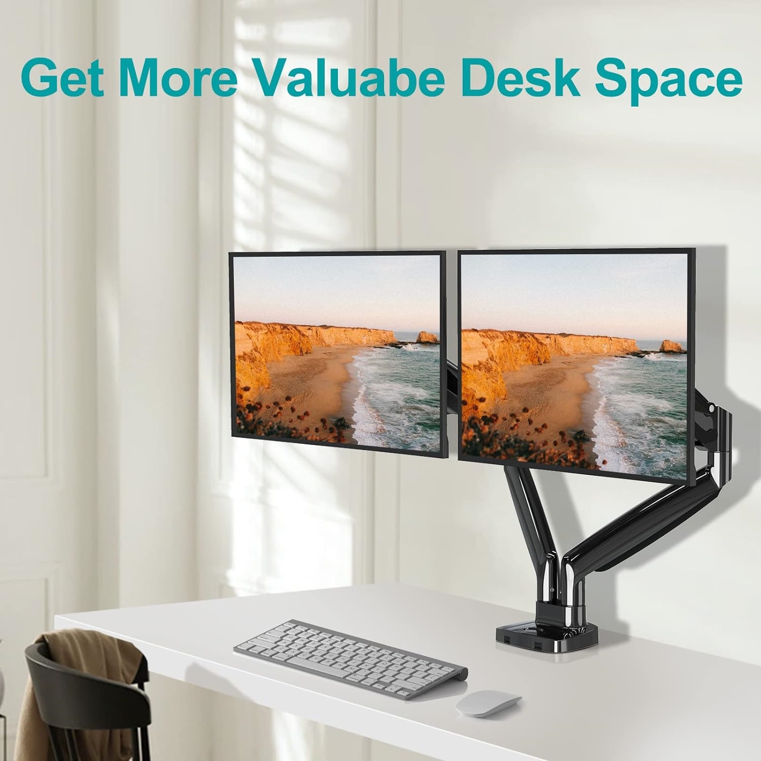 Dual Monitor Desk Mount fits 22” to 35” Ultrawide Computer Screen, Holds up to 26.4lbs Each, Fully Adjustable Long Monitor Arm for Two Monitors, Gas