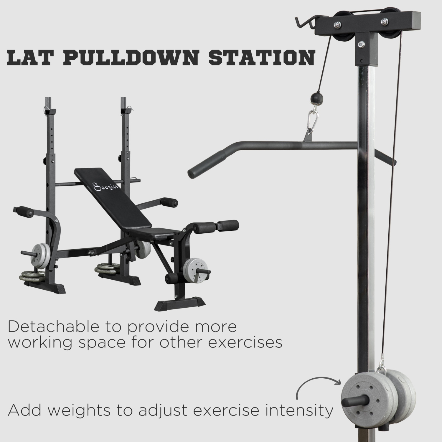 Soozier Adjustable Weight Bench with Pulley System, Incline Workout Bench Set with Squat Rack, Leg Developer, Butterfly and Weight Storage, for Home