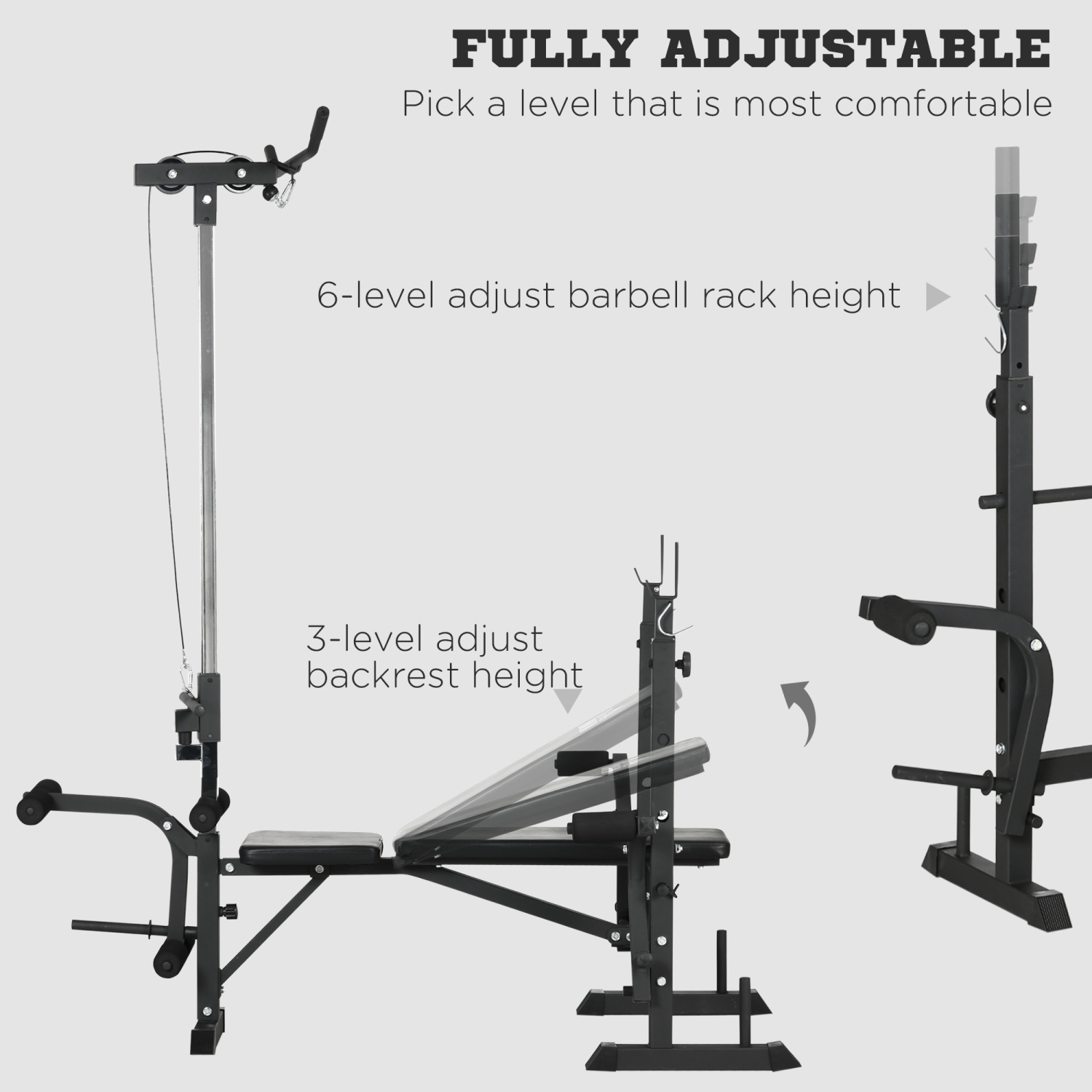 Soozier Adjustable Weight Bench with Pulley System, Incline Workout Bench Set with Squat Rack, Leg Developer, Butterfly and Weight Storage, for Home