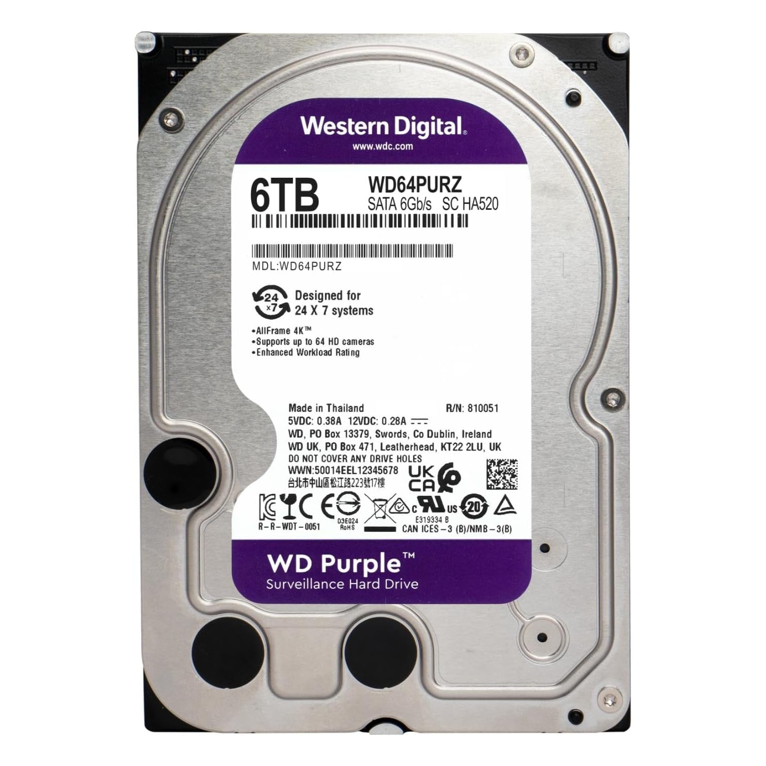 Western Digital – disque dur interne de surveillance WD Purple 6&nbsp;To, SATA 6 Go/s, cache 256&nbsp;Mo, 3,5 po à WD64PURZ Go