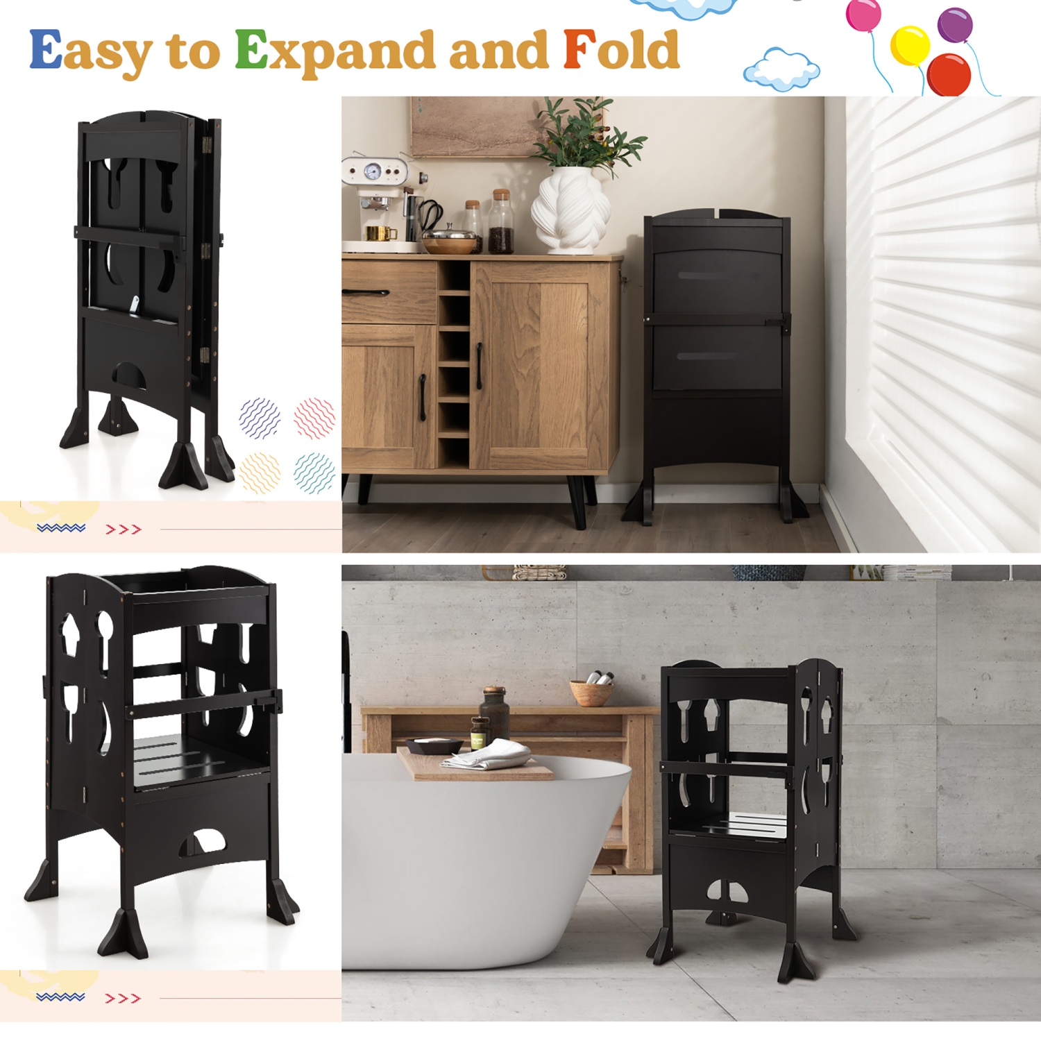 Costway Folding Kitchen Kids Step Ladder Stool Wooden Toddler Safety Tower Helper