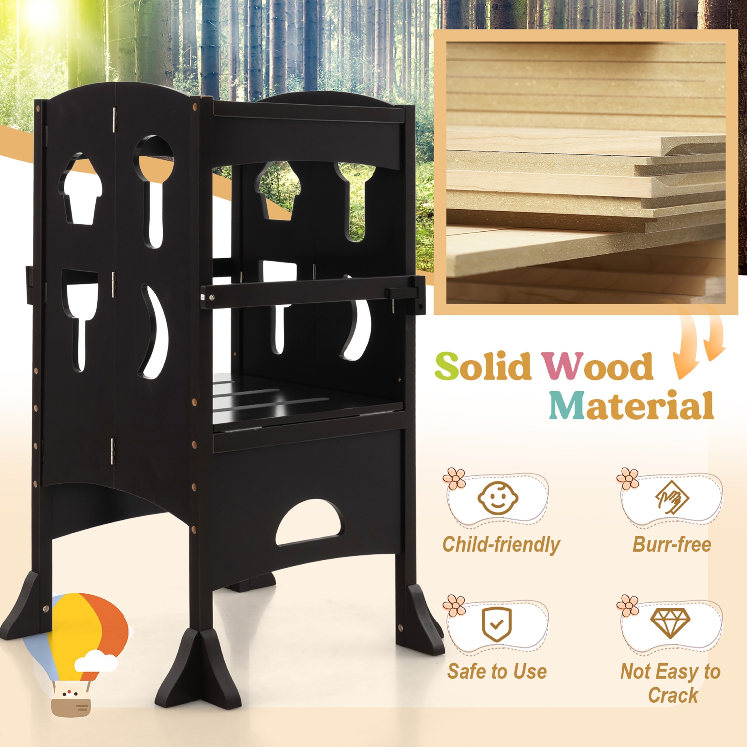 Costway Folding Kitchen Kids Step Ladder Stool Wooden Toddler Safety Tower Helper