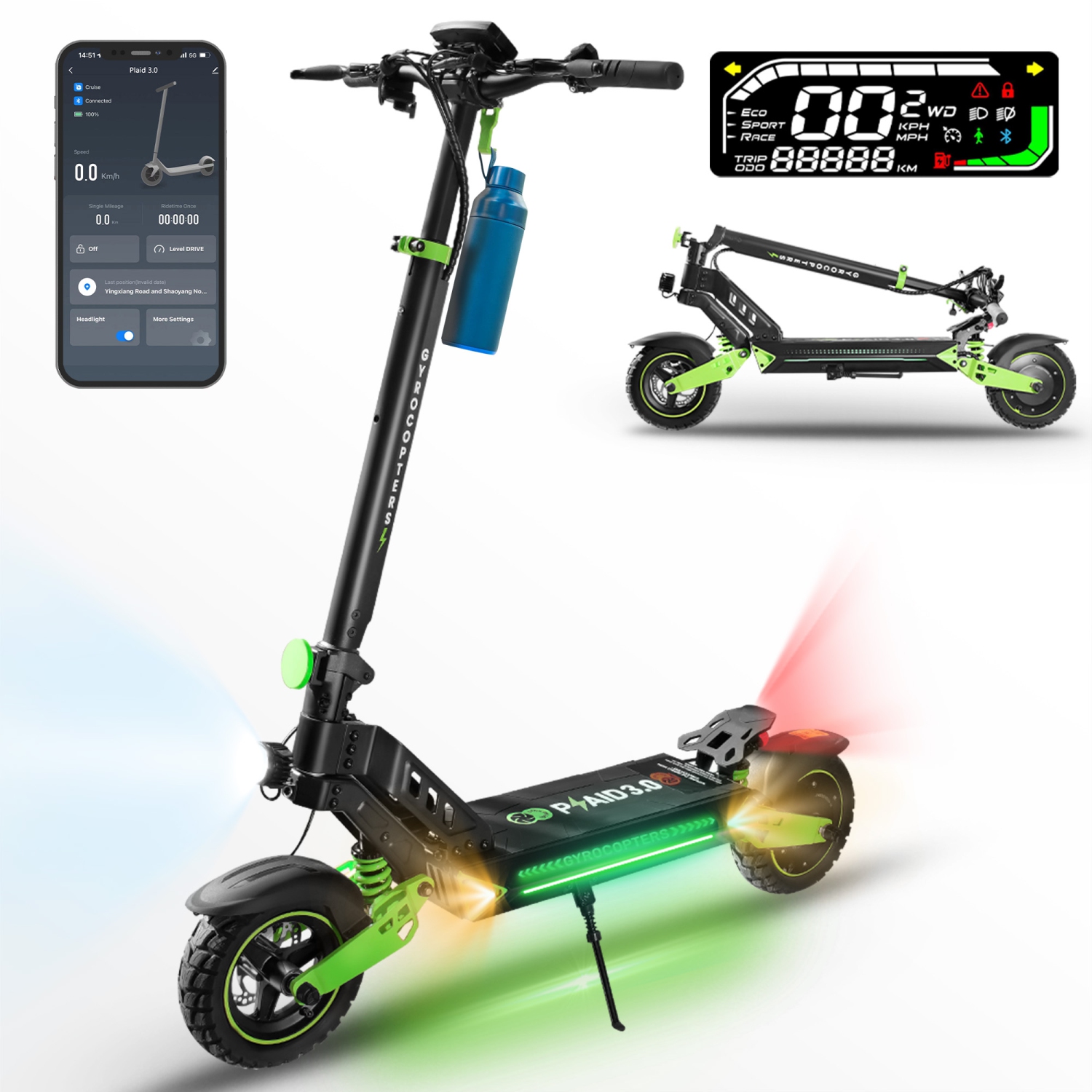 Gyrocopters Plaid 3.0 Off Road Foldable Electric Scooter for Adults & Teens, 10” Fat Tires, Speed Upto 45kmph, 13Ah Battery Long Range Upto 45Km,