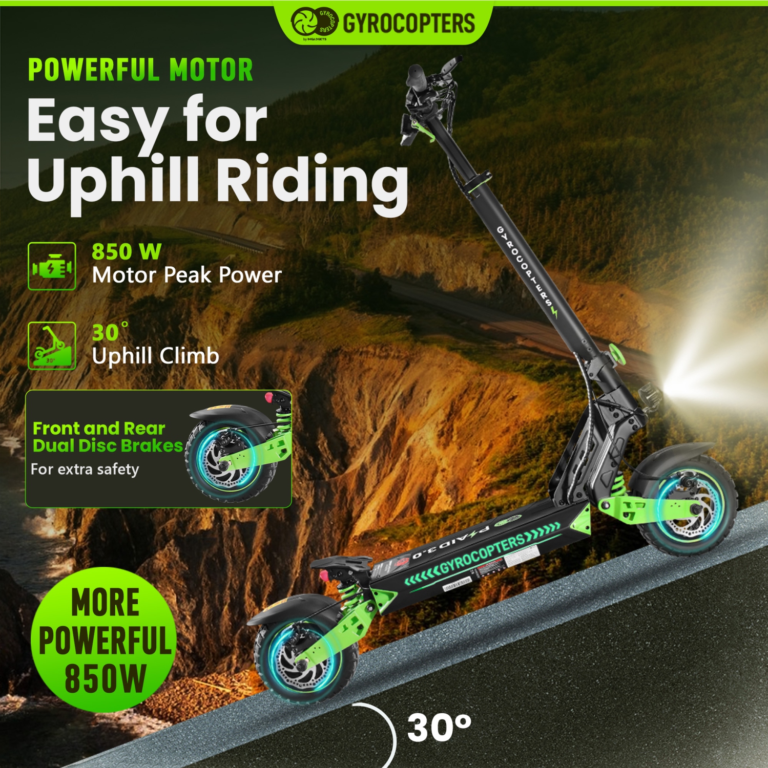 Gyrocopters Plaid 3.0 Off Road Foldable Electric Scooter for Adults & Teens, 10” Fat Tires, Speed Upto 45kmph, 13Ah Battery Long Range Upto 45Km,