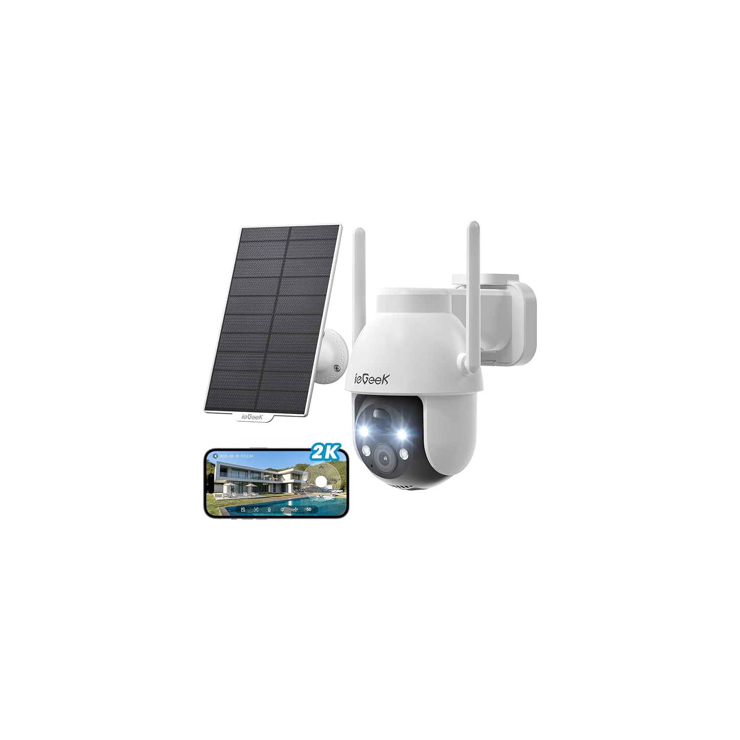 ieGeek Security Cameras Wireless Outdoor-Solar & Battery Powered Camera System for Home Exterieur Surveillance, 360°PTZ WiFi Cam with 2K Color Night