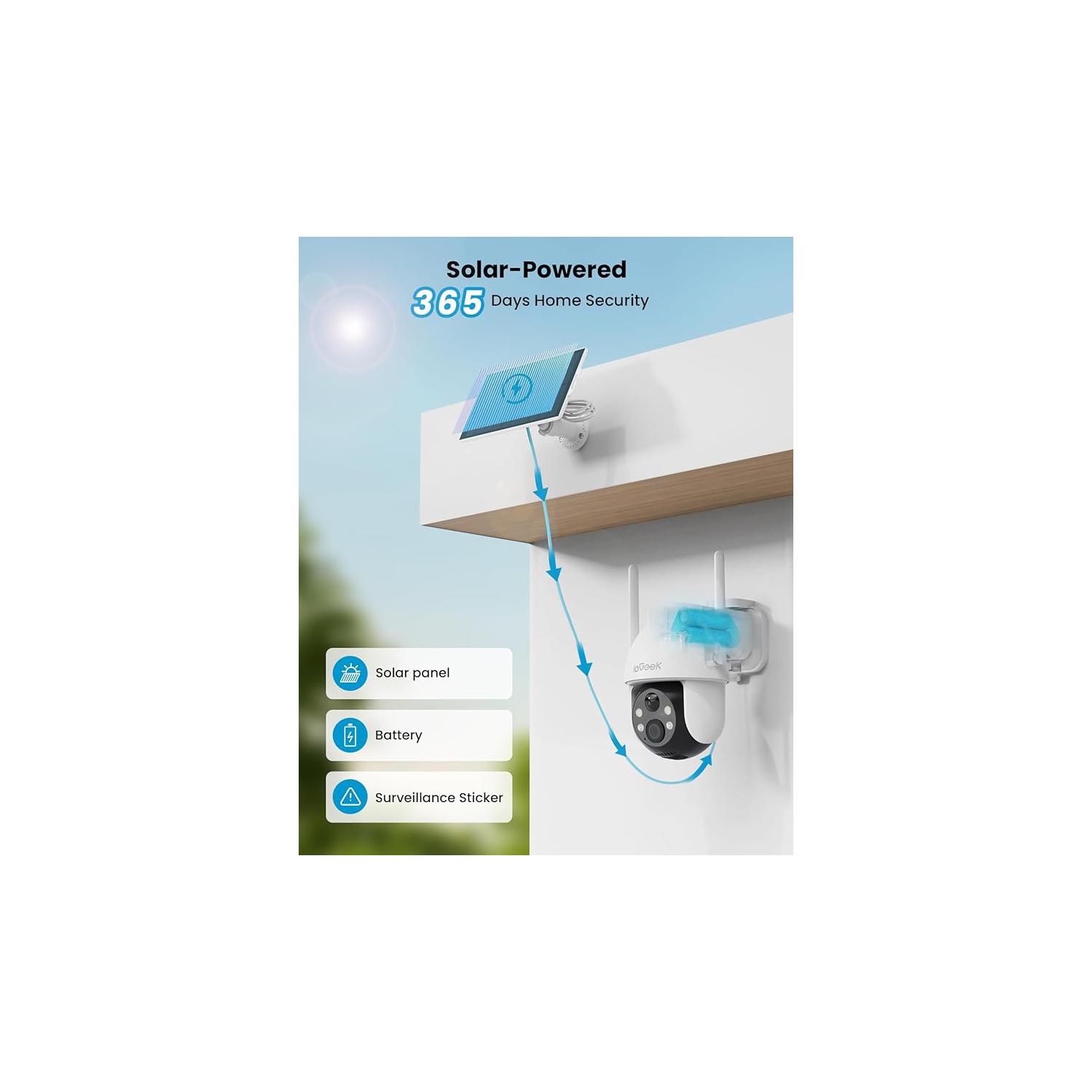 ieGeek Security Cameras Wireless Outdoor-Solar & Battery Powered Camera System for Home Exterieur Surveillance, 360°PTZ WiFi Cam with 2K Color Night