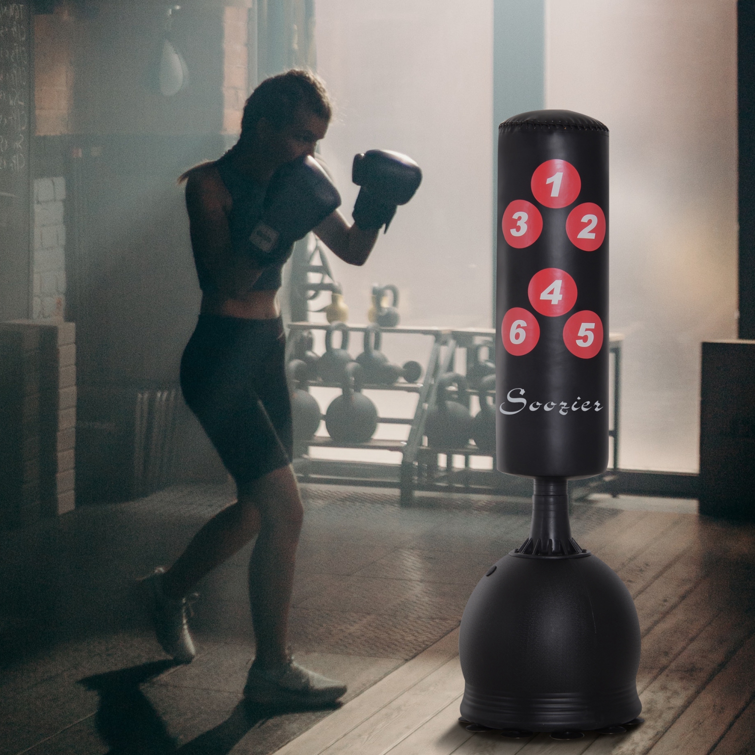 Soozier Freestanding Punching Bag, 65" Boxing Bag with Water/Sand Refilled Stand and Rubber Suction Cups, Heavy Kickboxing Bag for Youths Adults