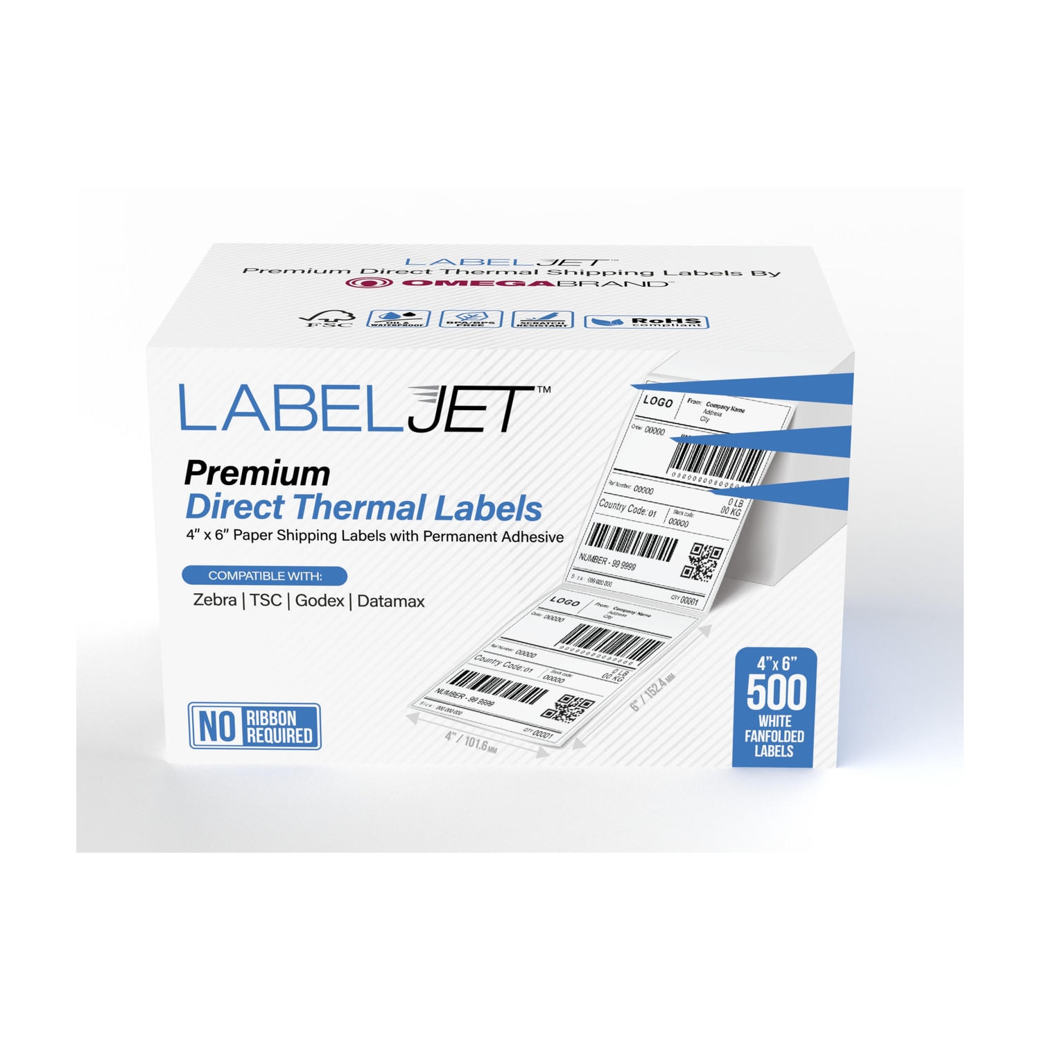 LabelJet 4"x 6" White Direct Thermal Shipping Labels, Pack of 500 Fanfolded - Compatible with UPS, Canada Post, FedEx, UPS WorldShip