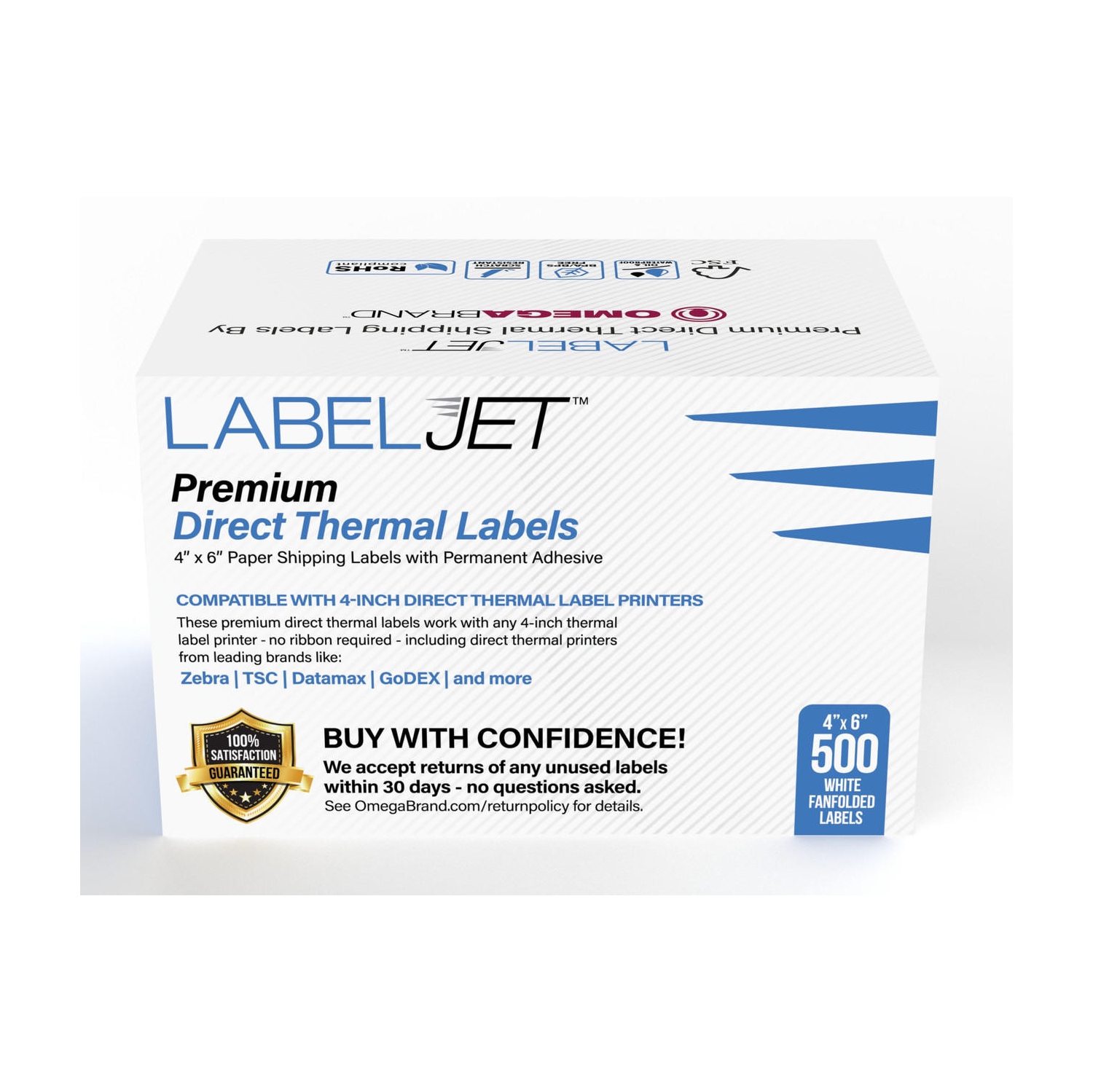 LabelJet 4"x 6" White Direct Thermal Shipping Labels, Pack of 500 Fanfolded - Compatible with UPS, Canada Post, FedEx, UPS WorldShip