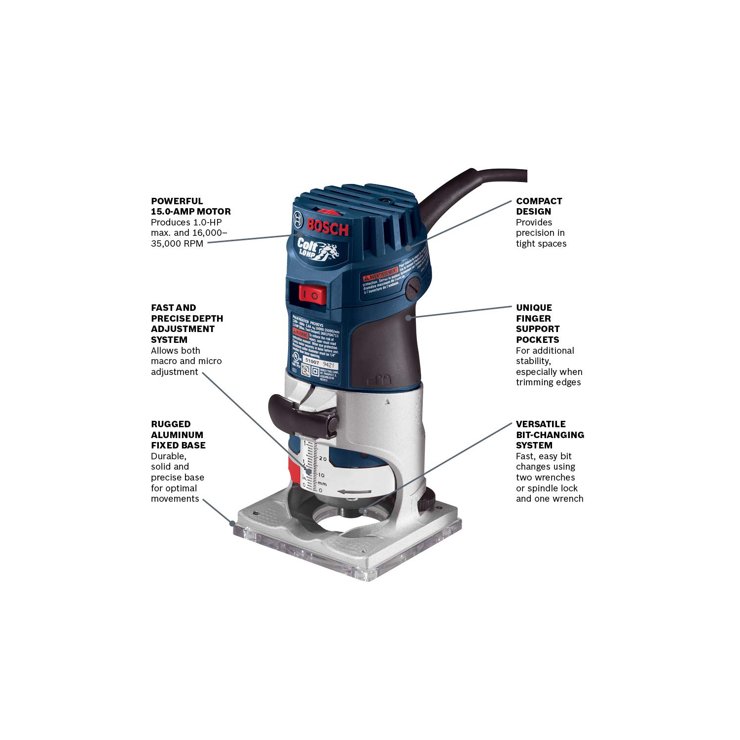 Bosch PR20EVS – routeur électronique à vitesse variable Colt, 1 chevaux, 5,6 a