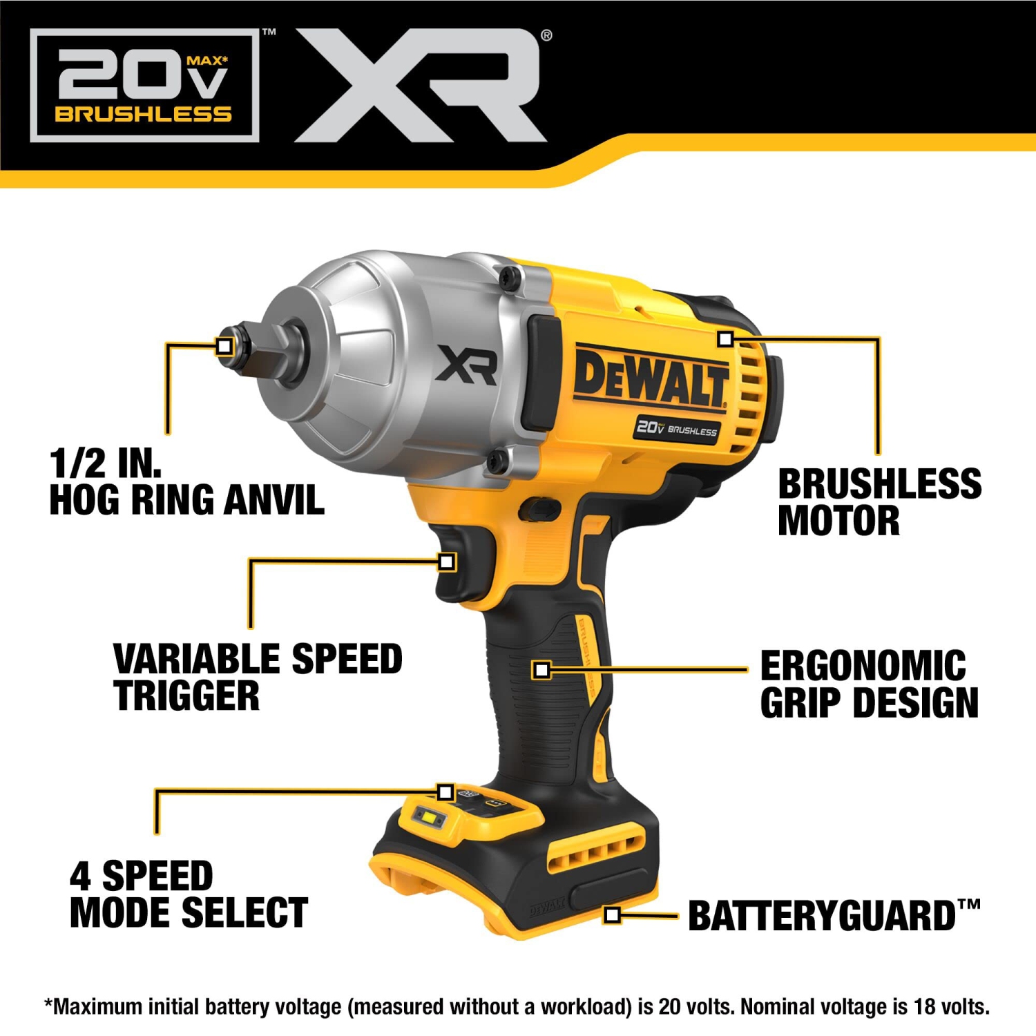 Clé à chocs DeWALT 20 V MAX XR, 1/2 po, sans fil, couple élevé, mode précision à 4 vitesses, outil seulement