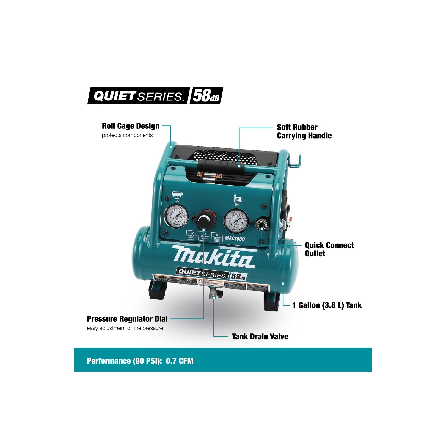 Makita MAC100Q Quiet Series, 1/2&nbsp;HP, 1 gallons, compact, sans huile, compresseur d'air électrique