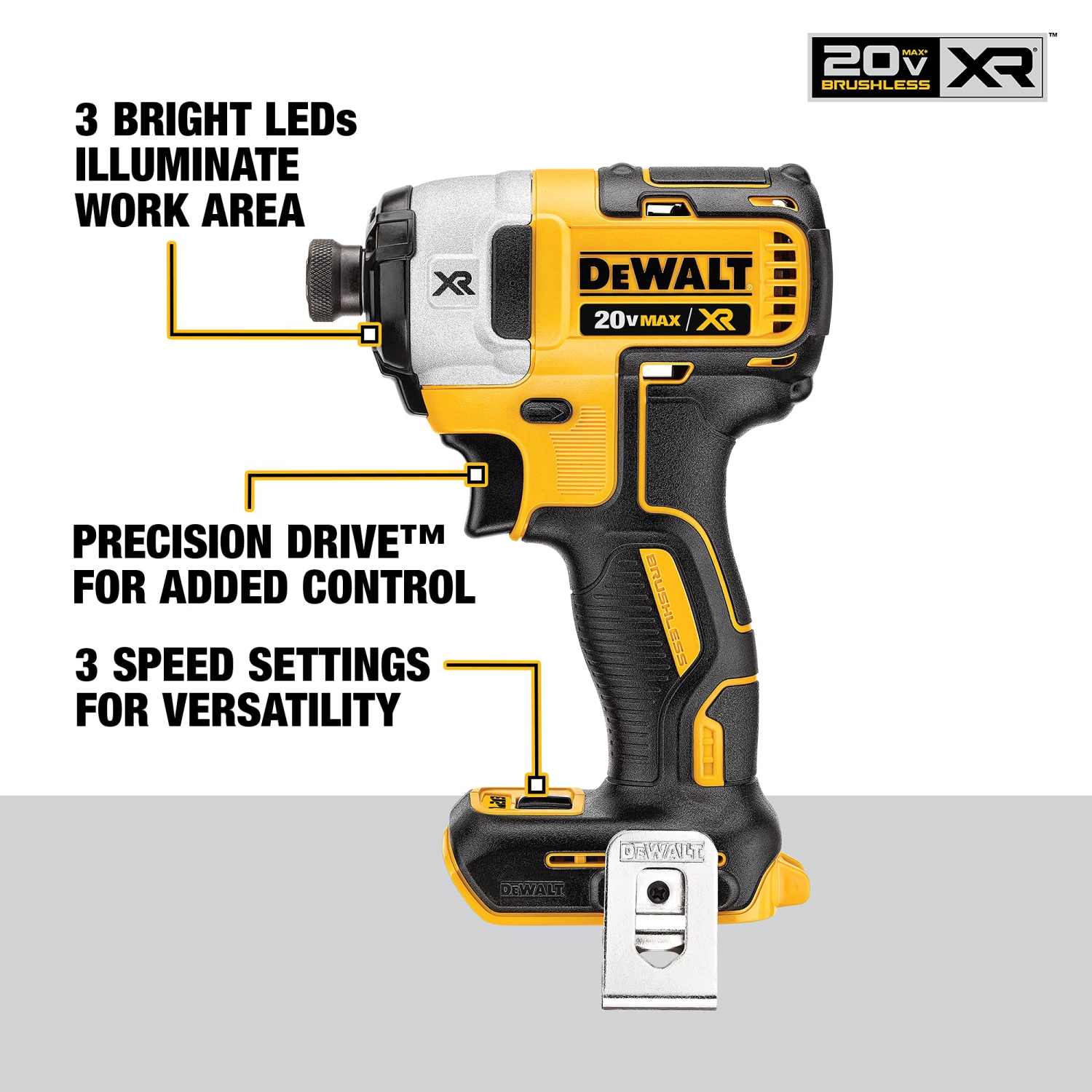 Tournevis à percussion DeWALT 20&nbsp;V MAX XR, sans balais, 3 vitesses, 1⁄4 po, outil seulement