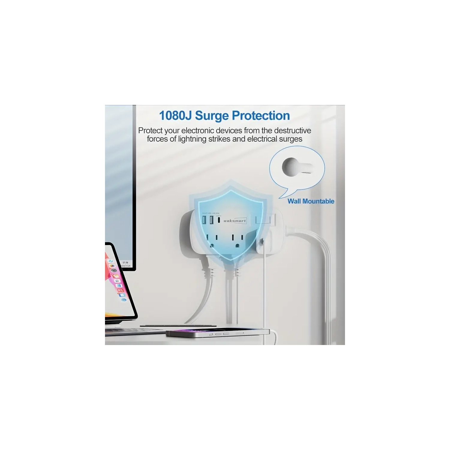 Flat Plug Surge Protector Power Strip - 5Ft Ultra Thin Extension Cord, 3 USB Wall Charger, 6 Outlets Compact Charging Station, Wall Mount for Office,