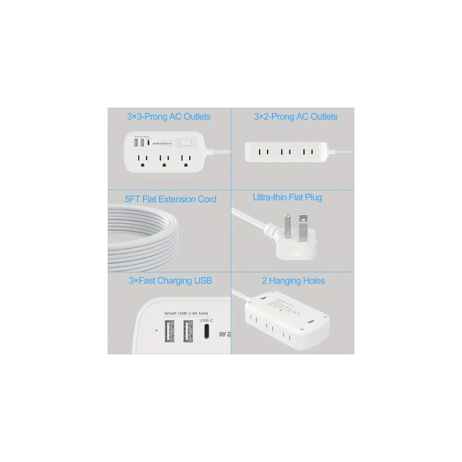 Flat Plug Surge Protector Power Strip - 5Ft Ultra Thin Extension Cord, 3 USB Wall Charger, 6 Outlets Compact Charging Station, Wall Mount for Office,