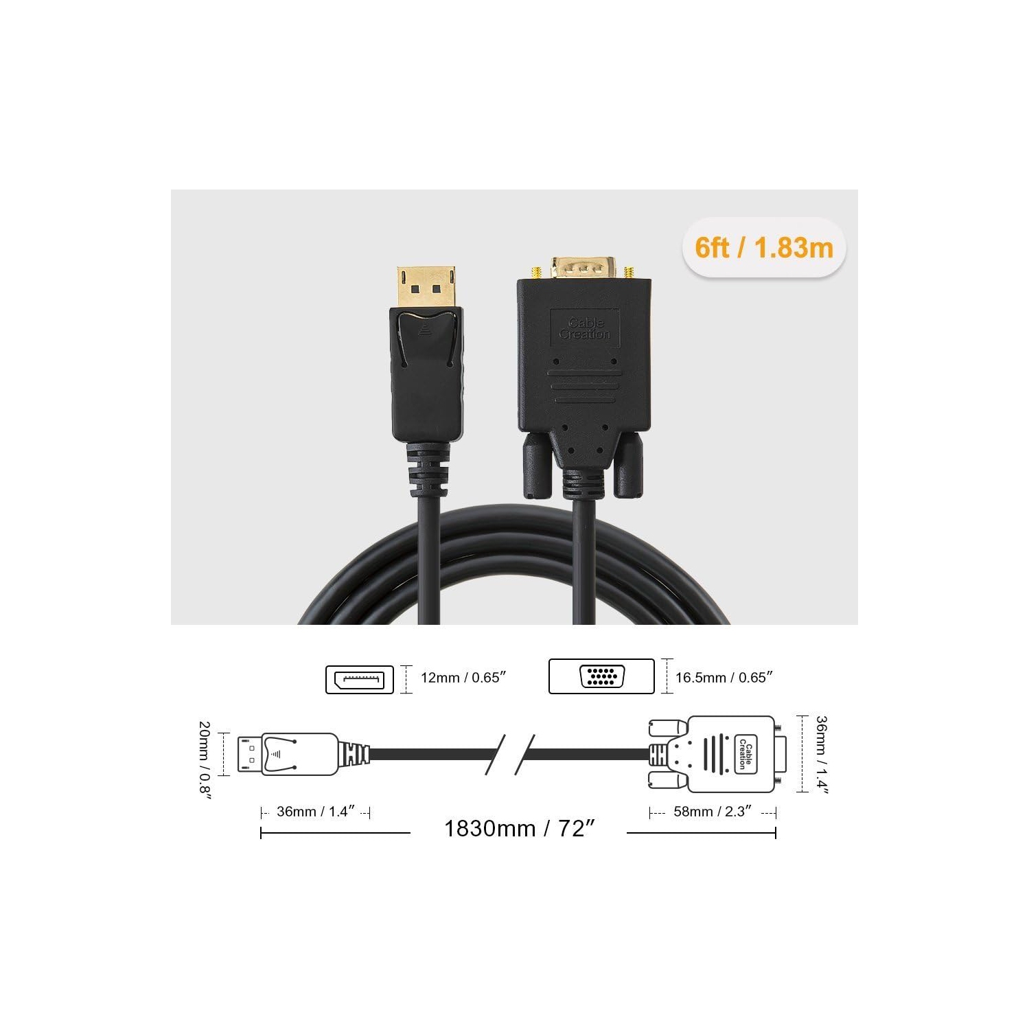 Displayport to VGA Cable 6FT, Displayport to VGA Adapter Gold Plated 1080P@60Hz, Standard DP Male to VGA Male Cable, Compatible with Laptop, PC, TV,