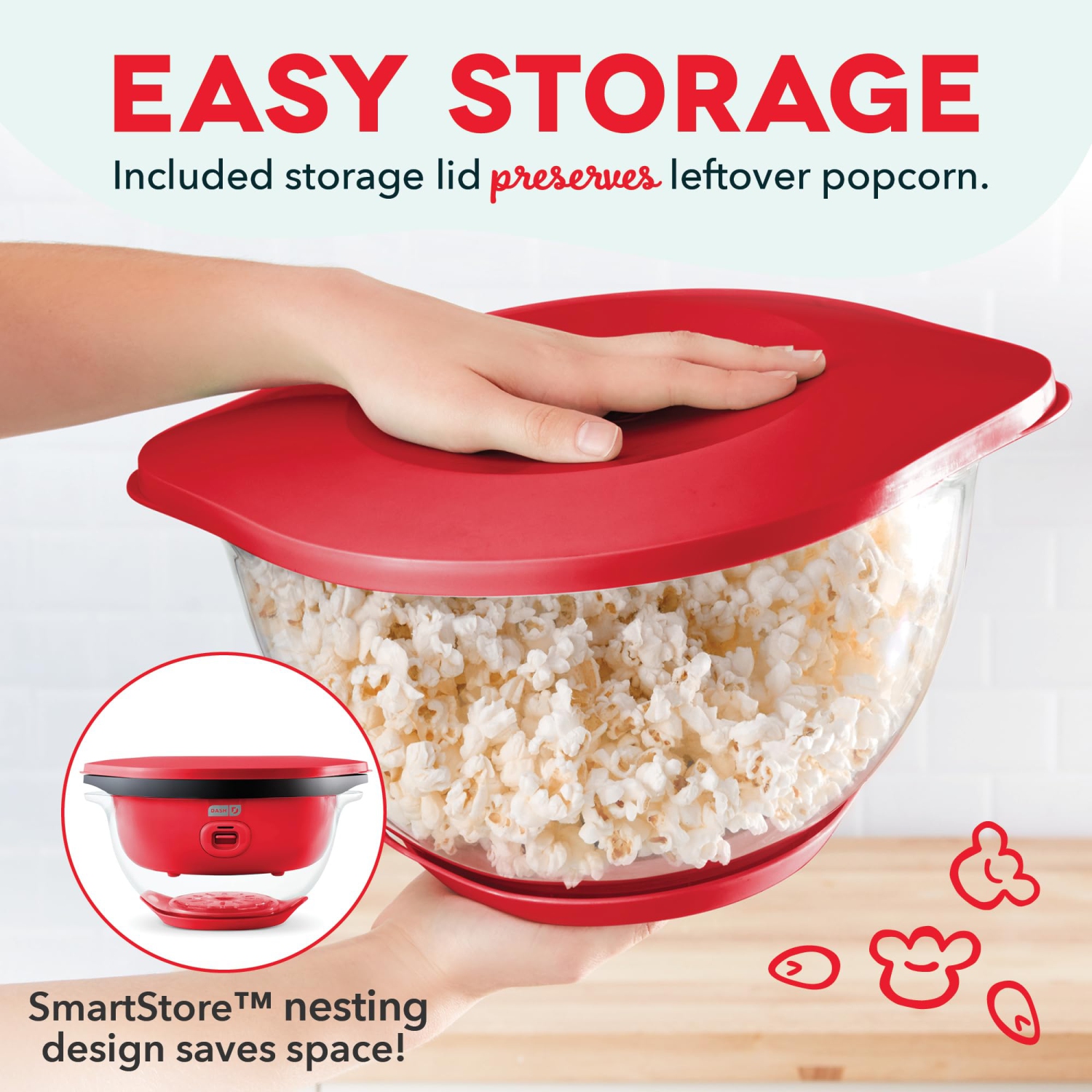 DASH SmartStore™ Deluxe Stirring Popcorn Maker, Hot Oil Electric Popcorn Machine with Large Lid for Serving Bowl