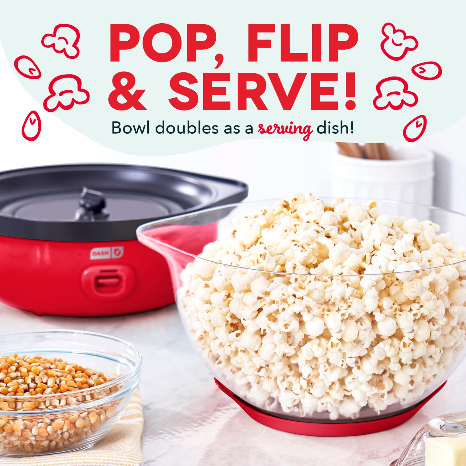 DASH SmartStore™ Deluxe Stirring Popcorn Maker, Hot Oil Electric Popcorn Machine with Large Lid for Serving Bowl