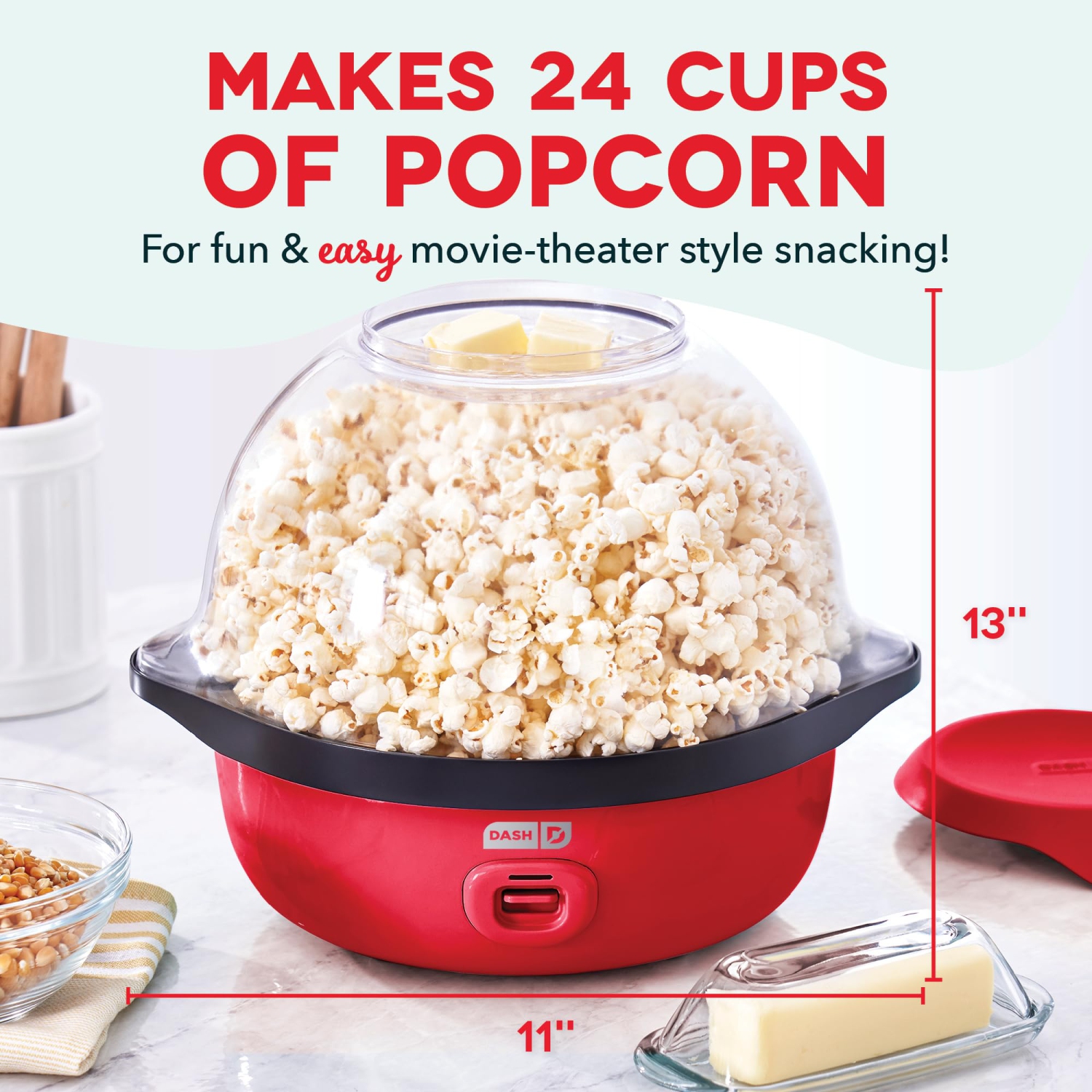 DASH SmartStore™ Deluxe Stirring Popcorn Maker, Hot Oil Electric Popcorn Machine with Large Lid for Serving Bowl