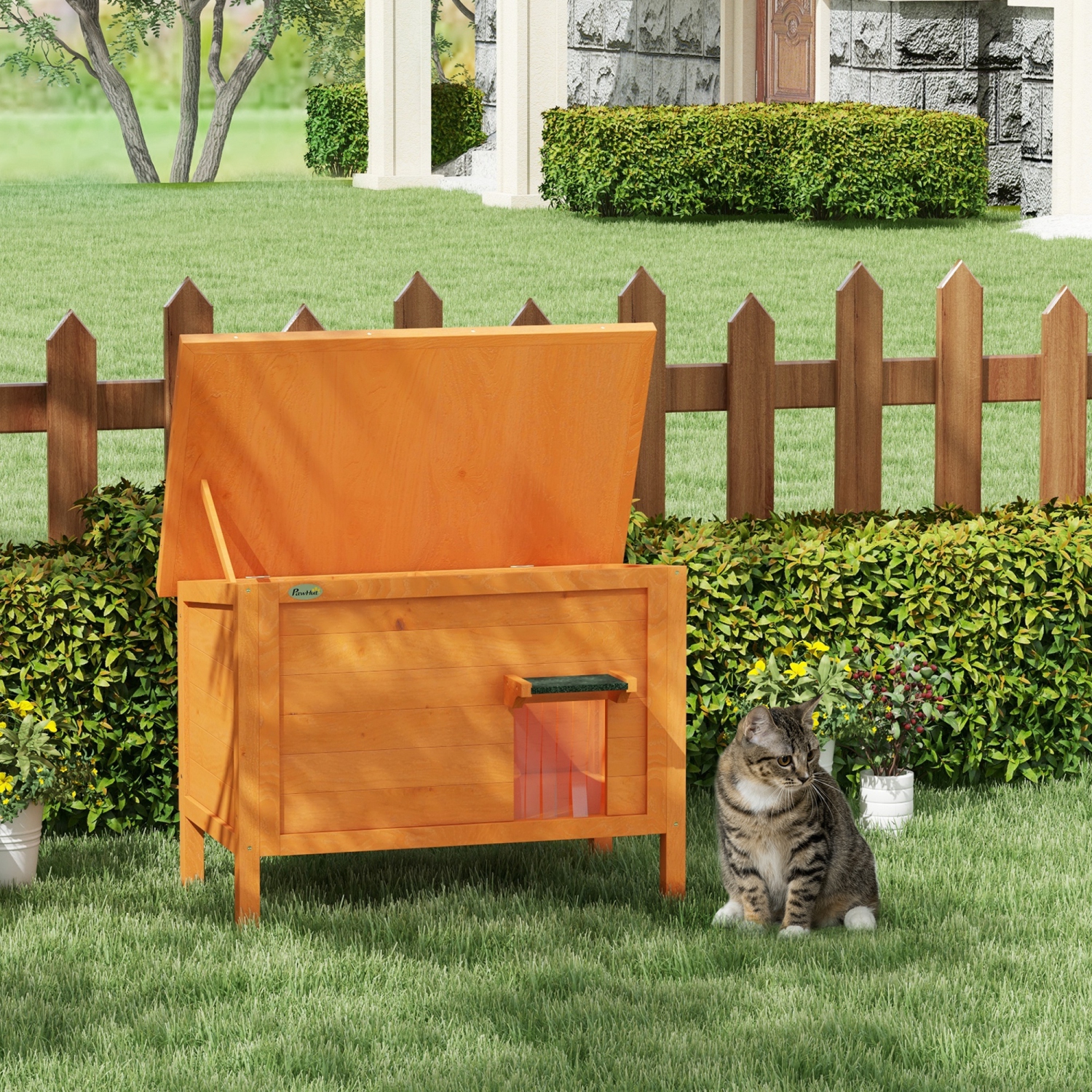 PawHut Outdoor Cat House, Wooden Insulated Cat Shelter with Asphalt&nbsp;Roof,&nbsp;Removable Floor, Foam, for Cats, Small Animals, Orange