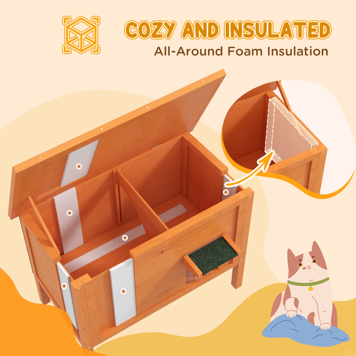 PawHut Outdoor Cat House, Wooden Insulated Cat Shelter with Asphalt&nbsp;Roof,&nbsp;Removable Floor, Foam, for Cats, Small Animals, Orange