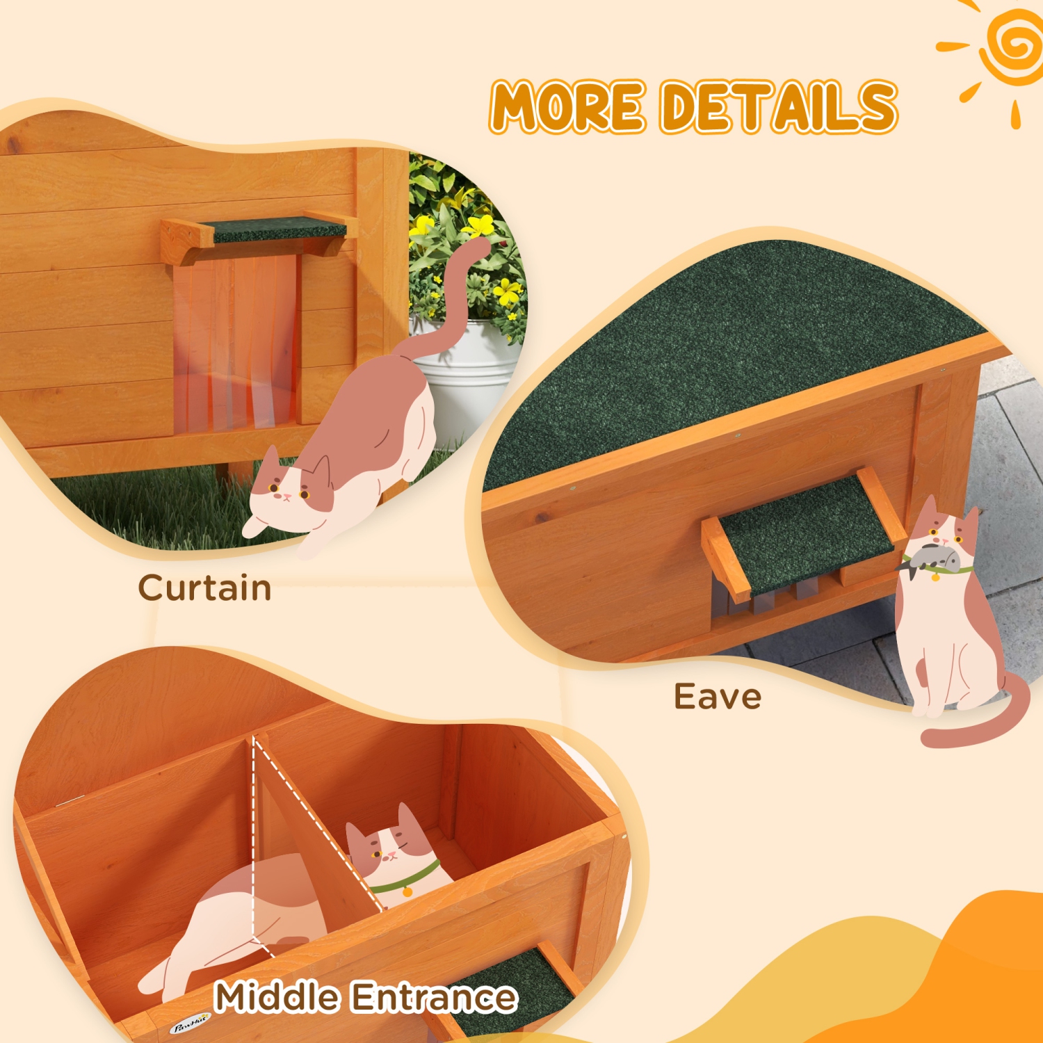 PawHut Outdoor Cat House, Wooden Insulated Cat Shelter with Asphalt&nbsp;Roof,&nbsp;Removable Floor, Foam, for Cats, Small Animals, Orange