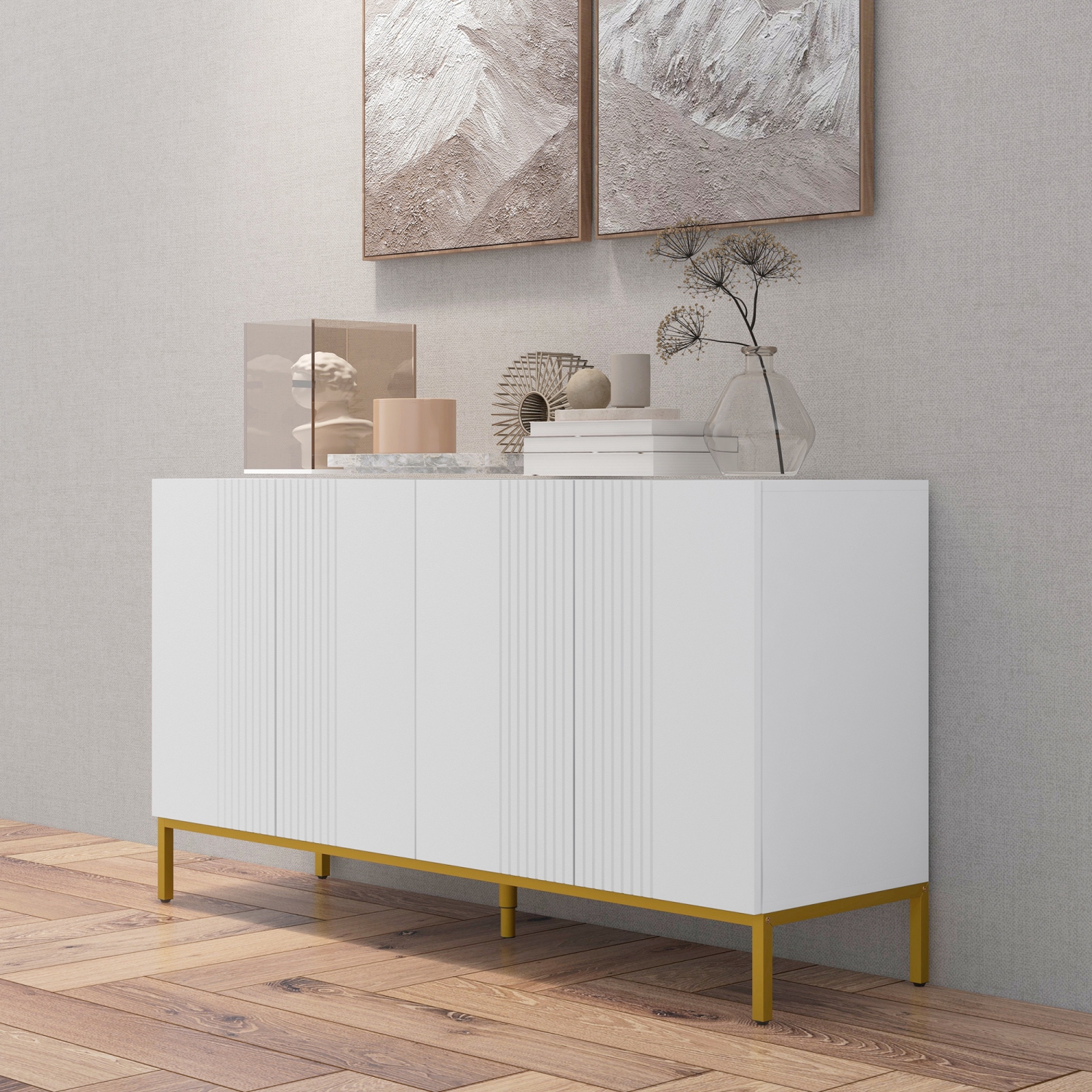 HOMCOM Sideboard Buffet Cabinet, Modern Coffee Bar Cabinet with Adjustable Shelves, Soft-Close Doors and Gold Legs, Kitchen Storage Organizer, White