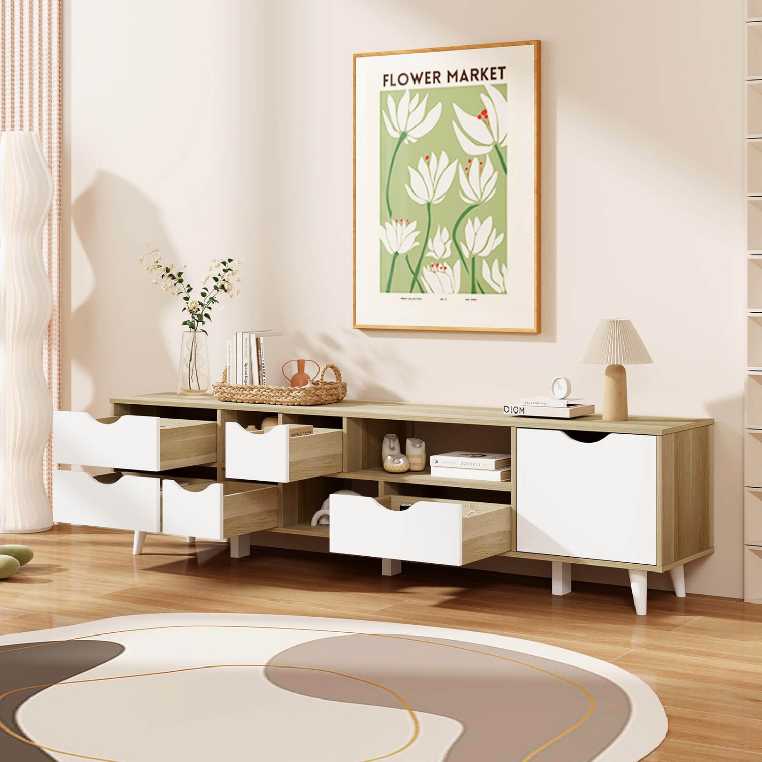 Meuble de Costway pour téléviseur de 65 po ou moins avec rangement 5 tiroirs et 3 tablettes ouvertes pour chambre à coucher