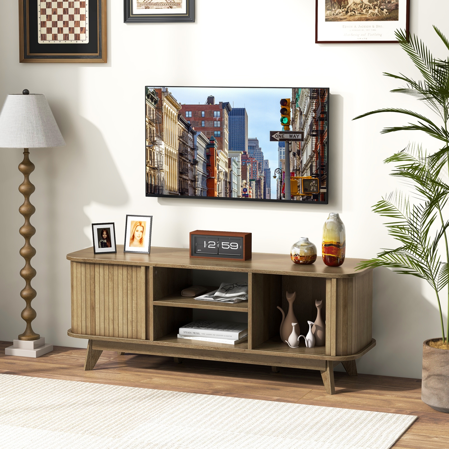 Costway TV Stand for TV up to 55 Inch Television Cabinet with 2 Open Shelves Sliding Doors
