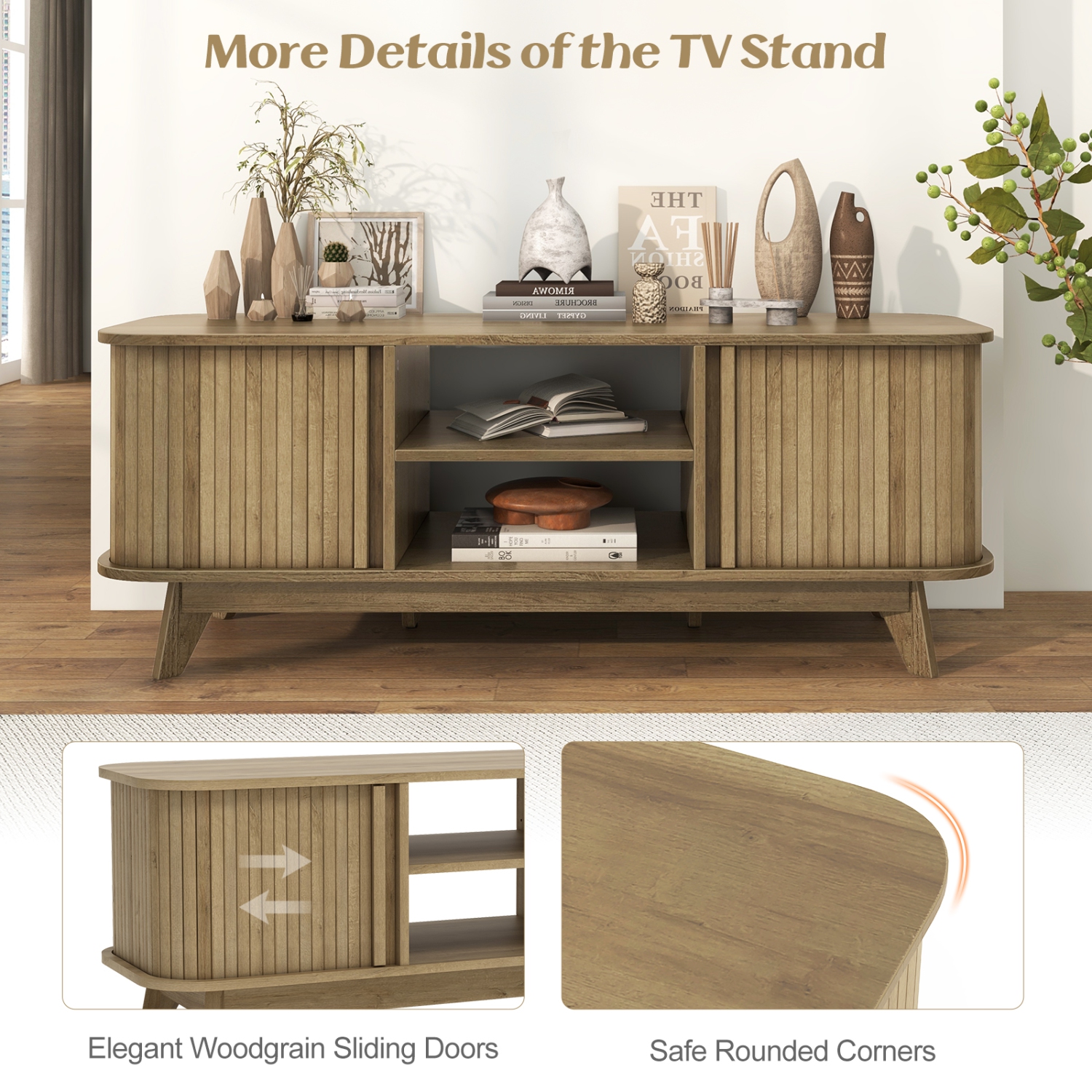 Costway TV Stand for TV up to 55 Inch Television Cabinet with 2 Open Shelves Sliding Doors