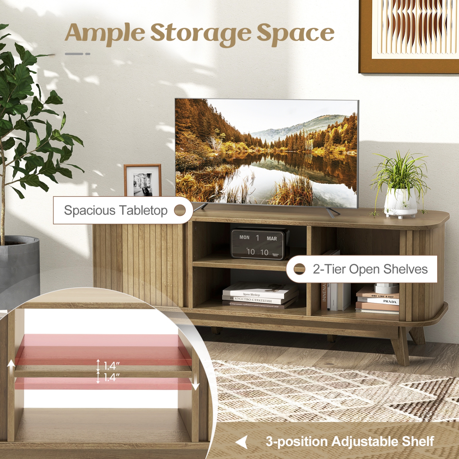 Costway TV Stand for TV up to 55 Inch Television Cabinet with 2 Open Shelves Sliding Doors