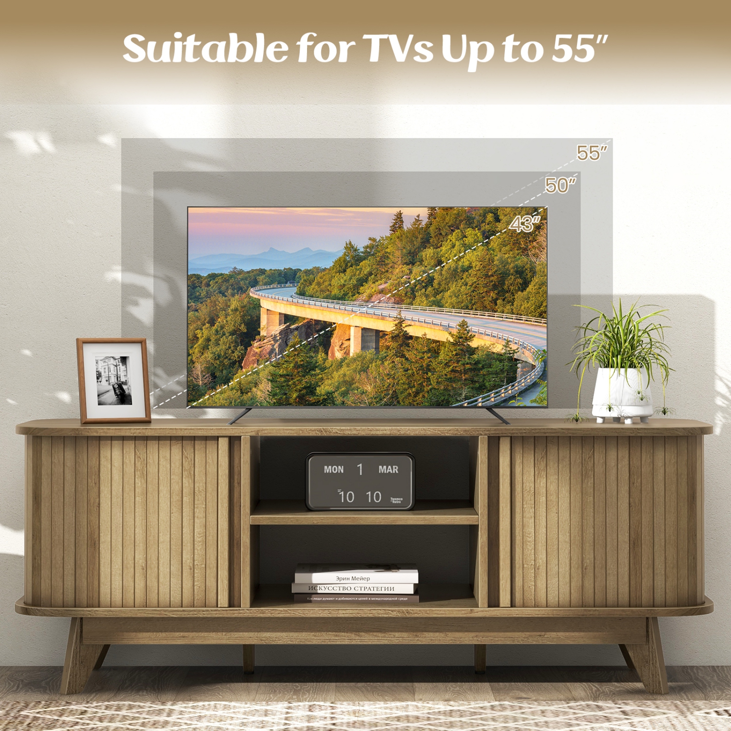 Costway TV Stand for TV up to 55 Inch Television Cabinet with 2 Open Shelves Sliding Doors