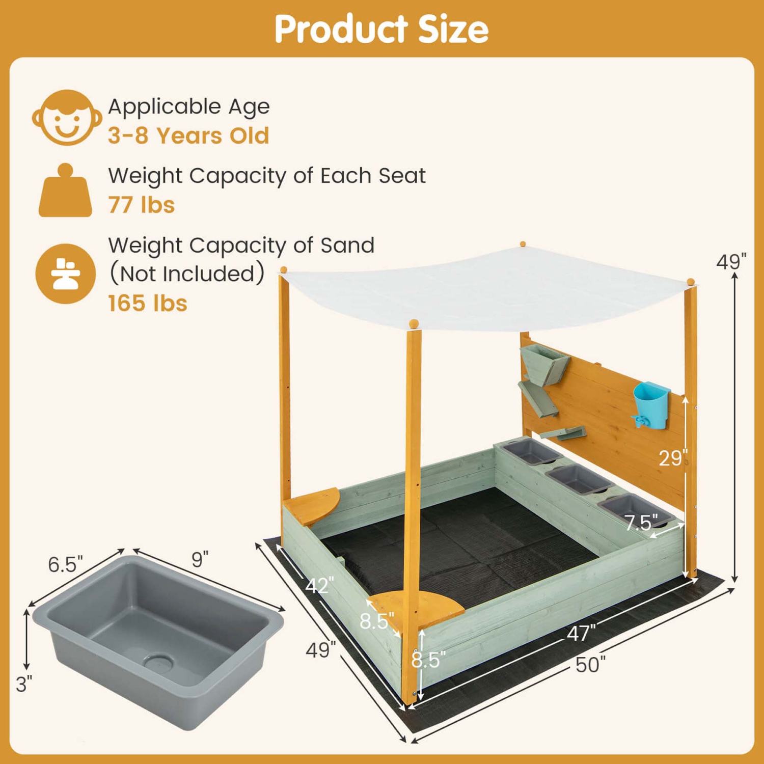 Costway Kids Sandbox with Sand Wall Detachable Canopy Bottom Liner Water Bucket Outdoor