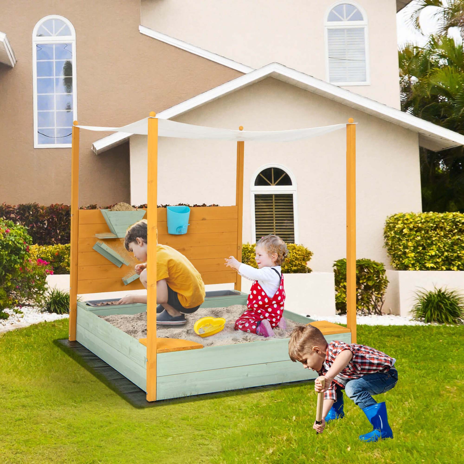 Costway Kids Sandbox with Sand Wall Detachable Canopy Bottom Liner Water Bucket Outdoor